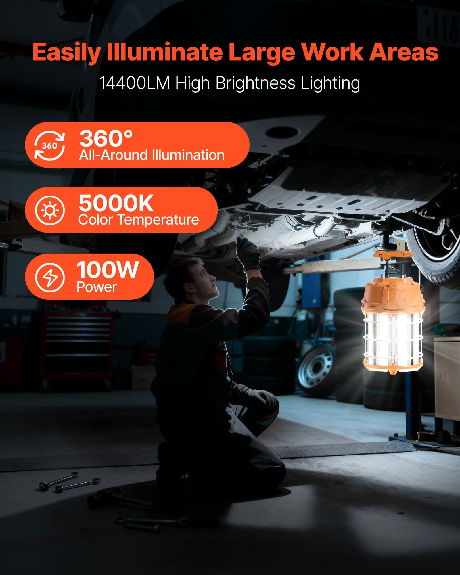 Lampada temporanea LED per lavoro, 100W, 14400 lm, 5000K resistente e resistente all'acqua, collegabile fino a 8 unità, illuminazione per cantiere da soffitto o a piede