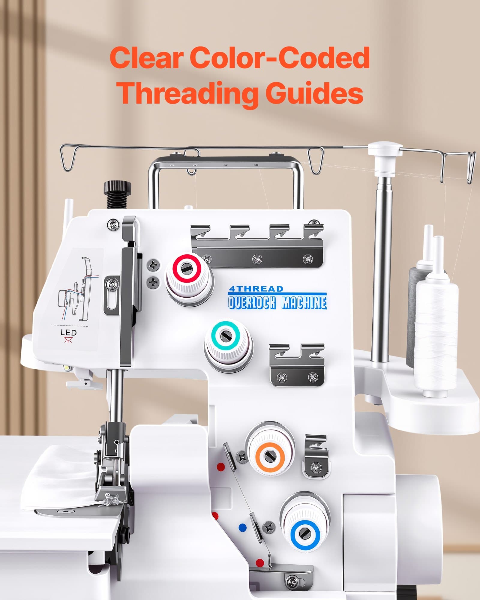 Serger Overlock Nähmaschine, 1250 Stiche pro Minute, 3- und 4-Faden-Fähigkeit, mit LED-Licht und starken Saugnäpfen, robustes Metallgestell