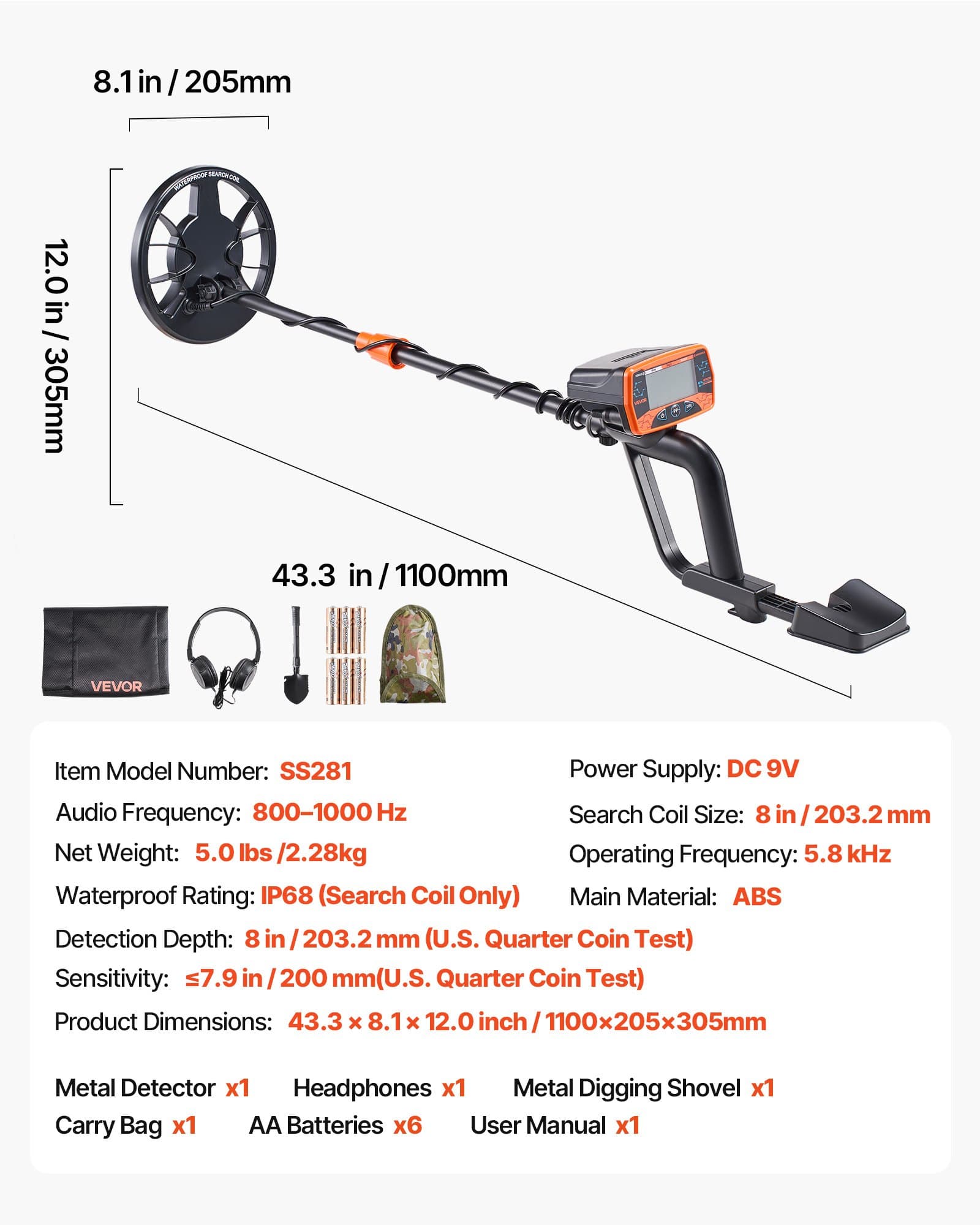 Détecteur de métaux pour adultes, 8 pouces, détecteur professionnel de haute précision pour or, étanche IP68 avec bobine de recherche à affichage, écouteurs, 3 modes, longueur ajustable.