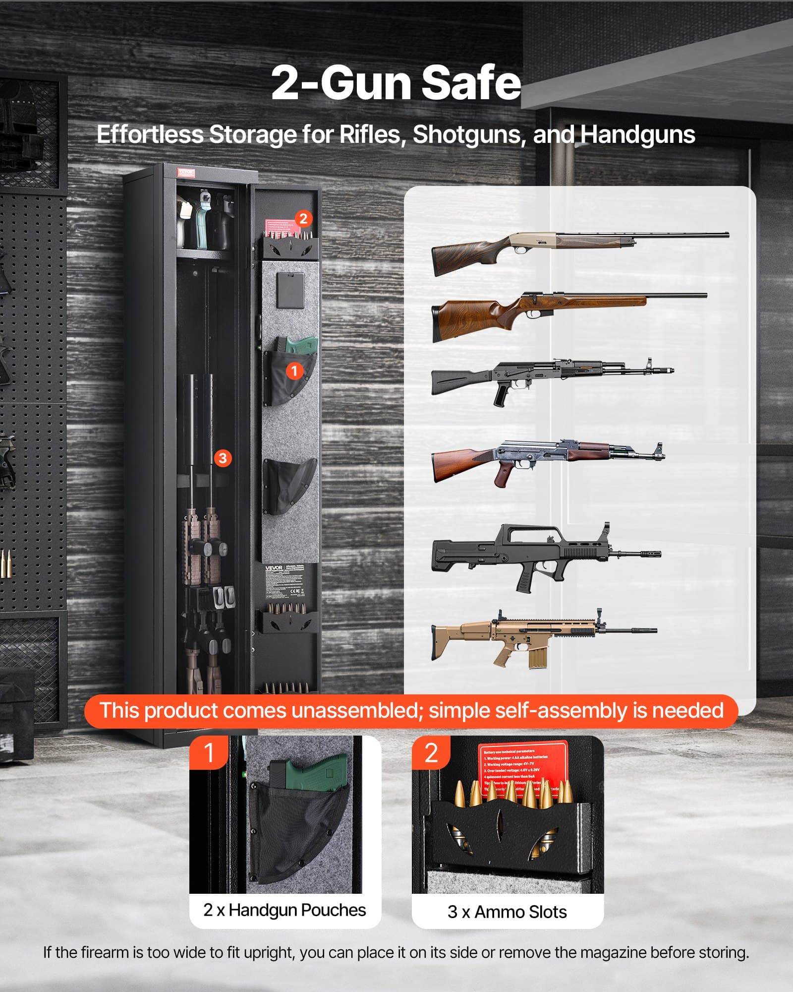 Armoire à armes à feu de 4 places, Armoire pour fusils et pistolets, Coffre-fort à accès rapide pour fusils avec 3 emplacements pour munitions et 2 étagères réglables, Grand coffre numérique avec clé