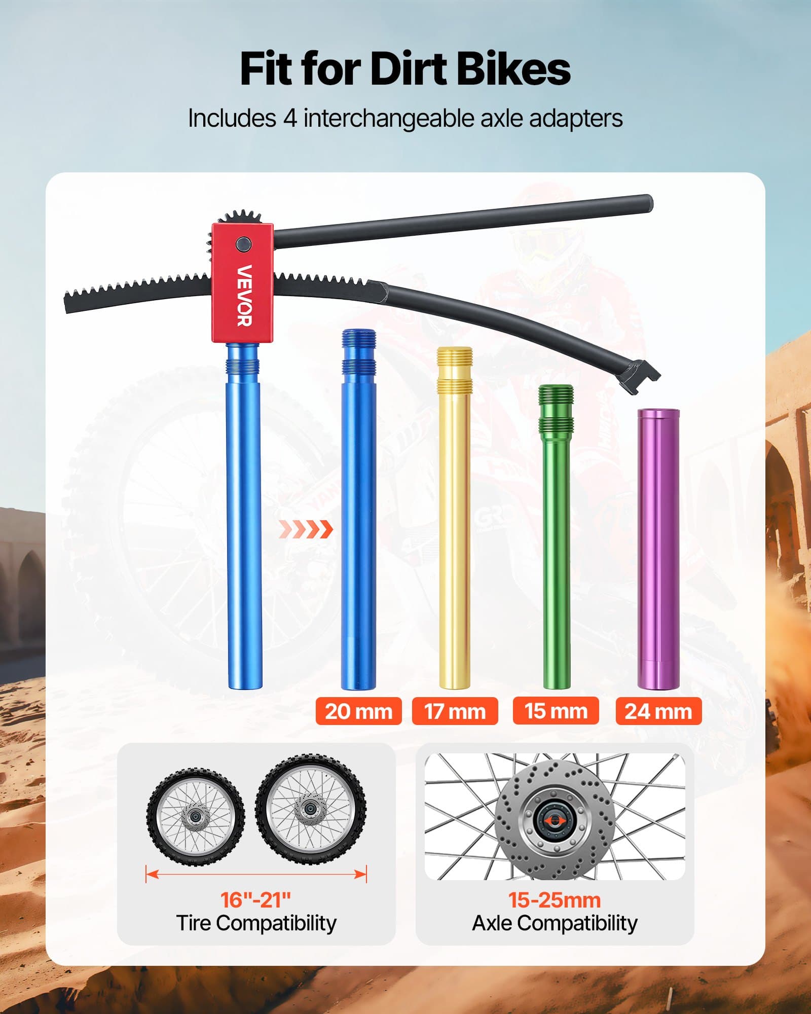 Kit di attrezzi per cambiare i pneumatici della moto da cross, adatto alle ruote da motocross e enduro di 16"-21", include adattatori di asse da 15-25 mm, attrezzi compattti per cambiare pneumatici da moto da cross