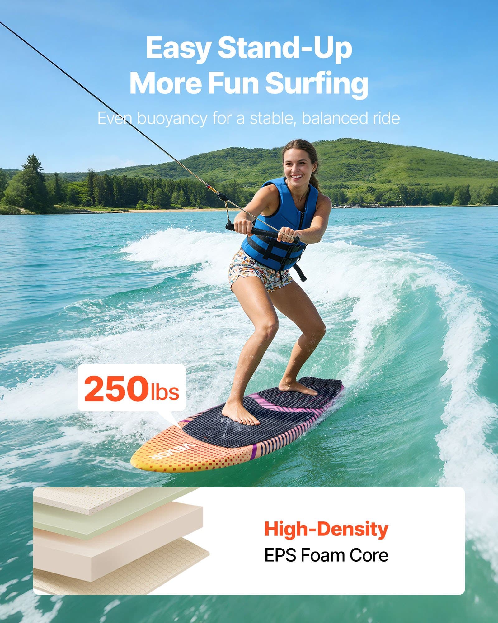 63-Inch Wakesurf Board, Wake Surfing Board With EPS Foam Core, EVA Non-Slip Pad & 3 Tail Fins, UV-Resistant Wakesurfing Boards For Adults Up To 250 Lb