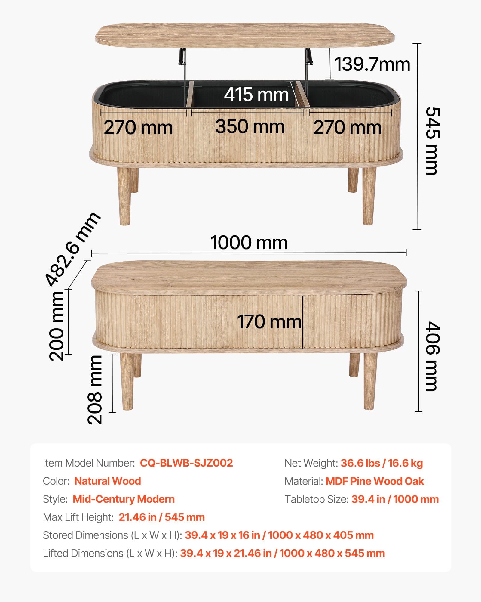 39.4 In Lift Top Coffee Table, Fluted Oval Coffee Table With 3 Hidden Compartment, Mid Century Wooden Oval Center Desk With Storage, Lift Up Tabletop 