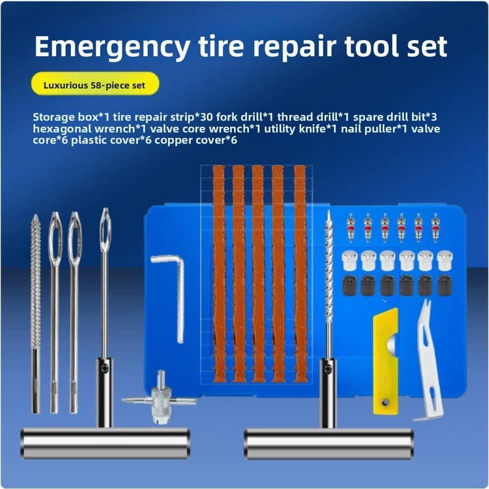 Kit di riparazione pneumatici Pan Europeo: kit di rattoppo per pneumatici moto/auto 58 pezzi