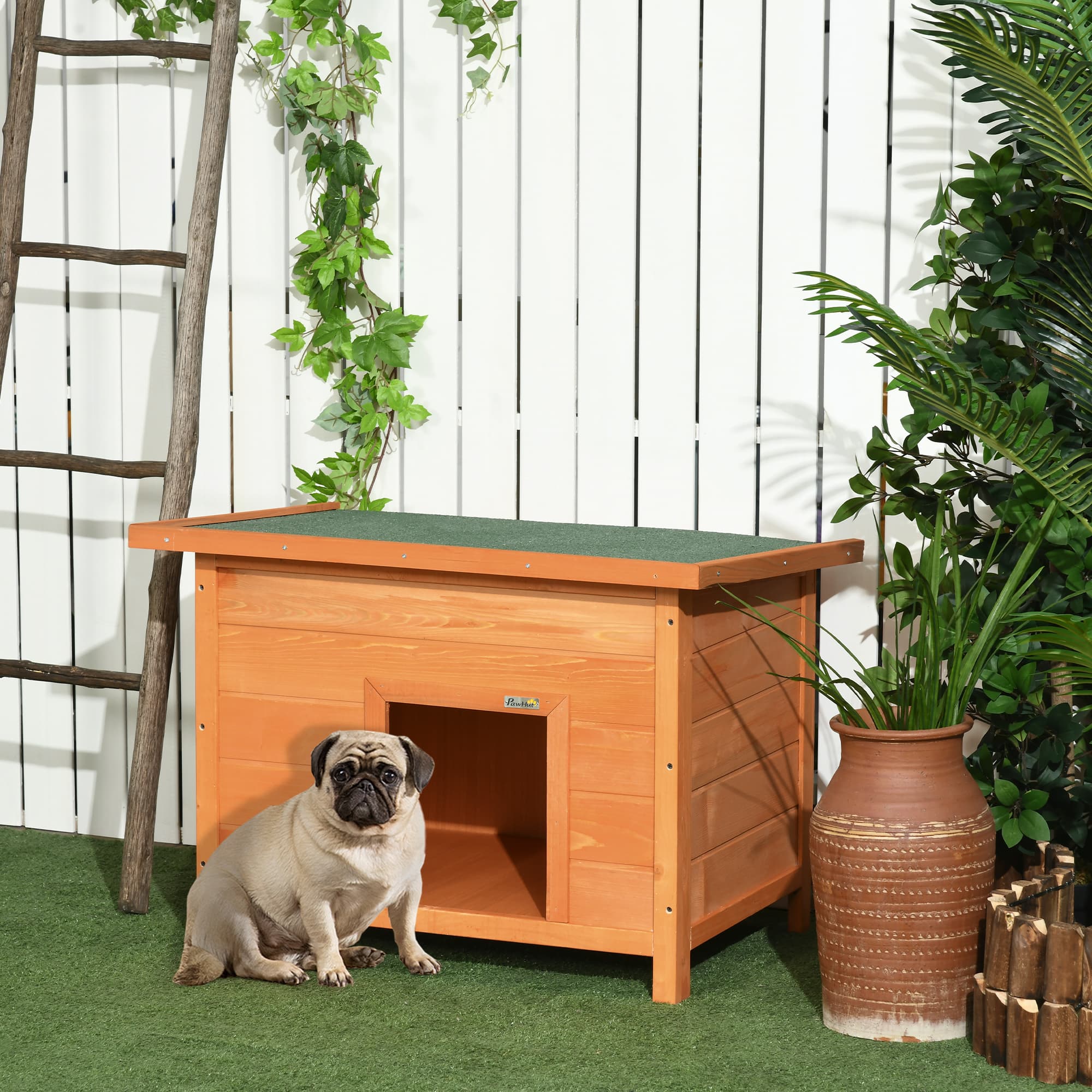 Holz-Hundehütte mit aufklappbarem Asphaltdach, gelb