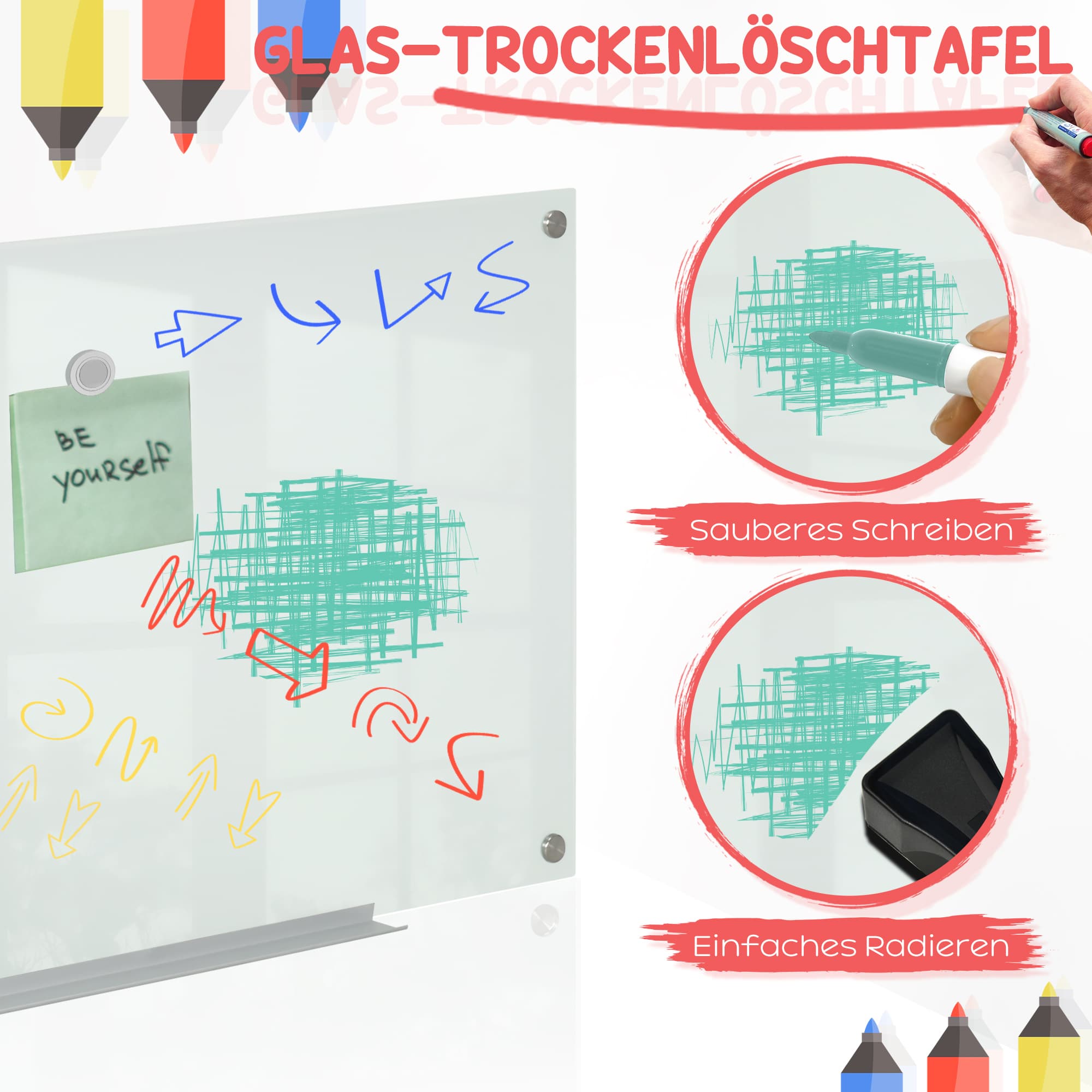 Weißes Glas-Whiteboard mit Zubehör