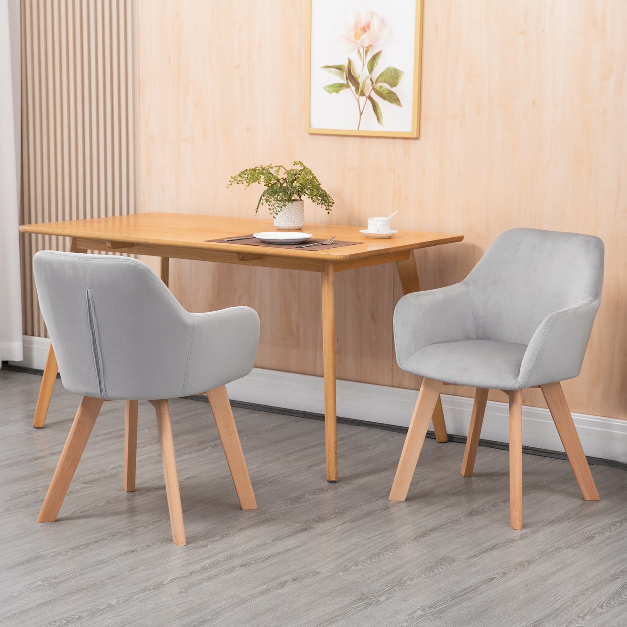 2er-Set Esszimmerstühle Samtoptik Holzbeine Grau + Natur