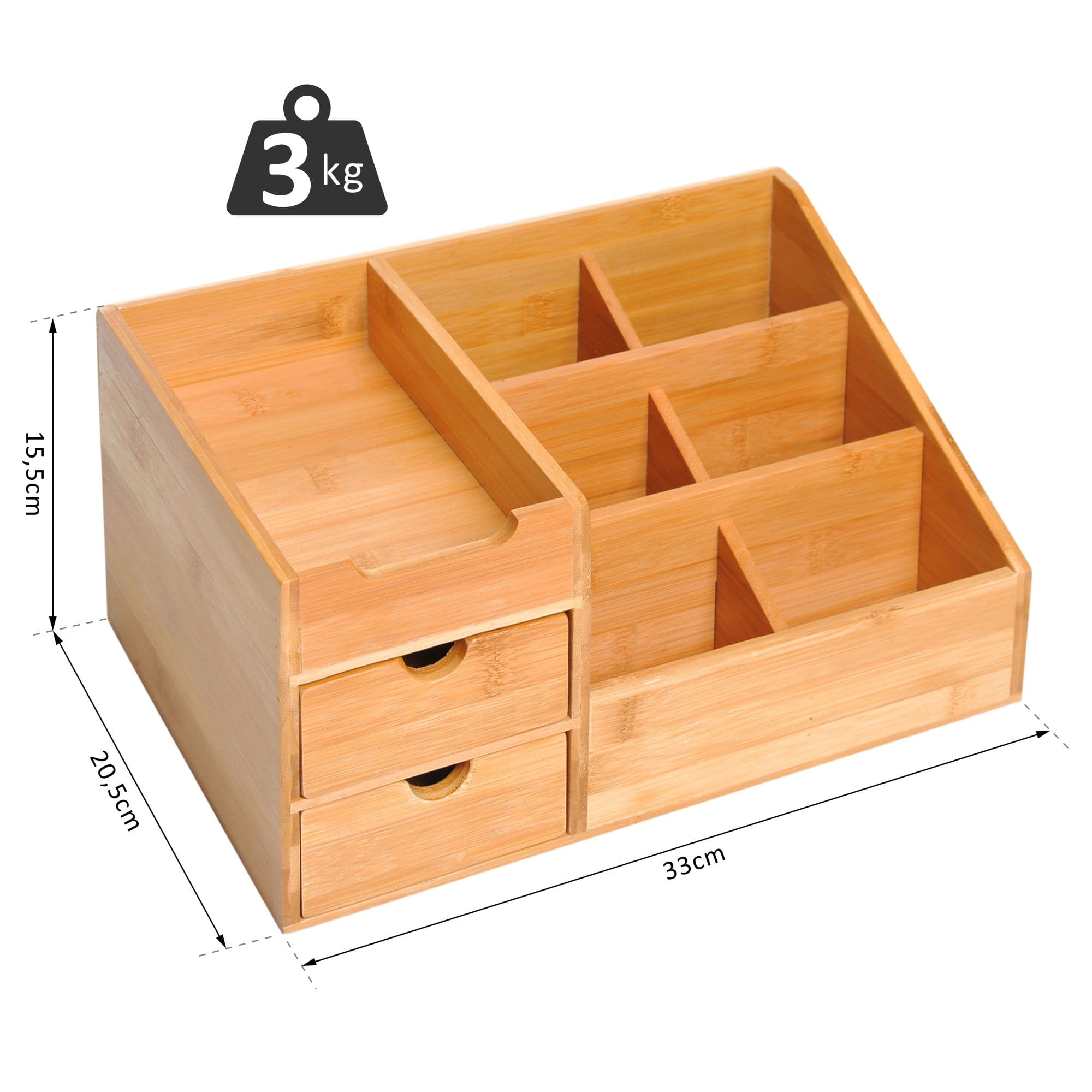 Schreibtischorganizer aus Bambus, 2 Schubladen, 7 Fächer
