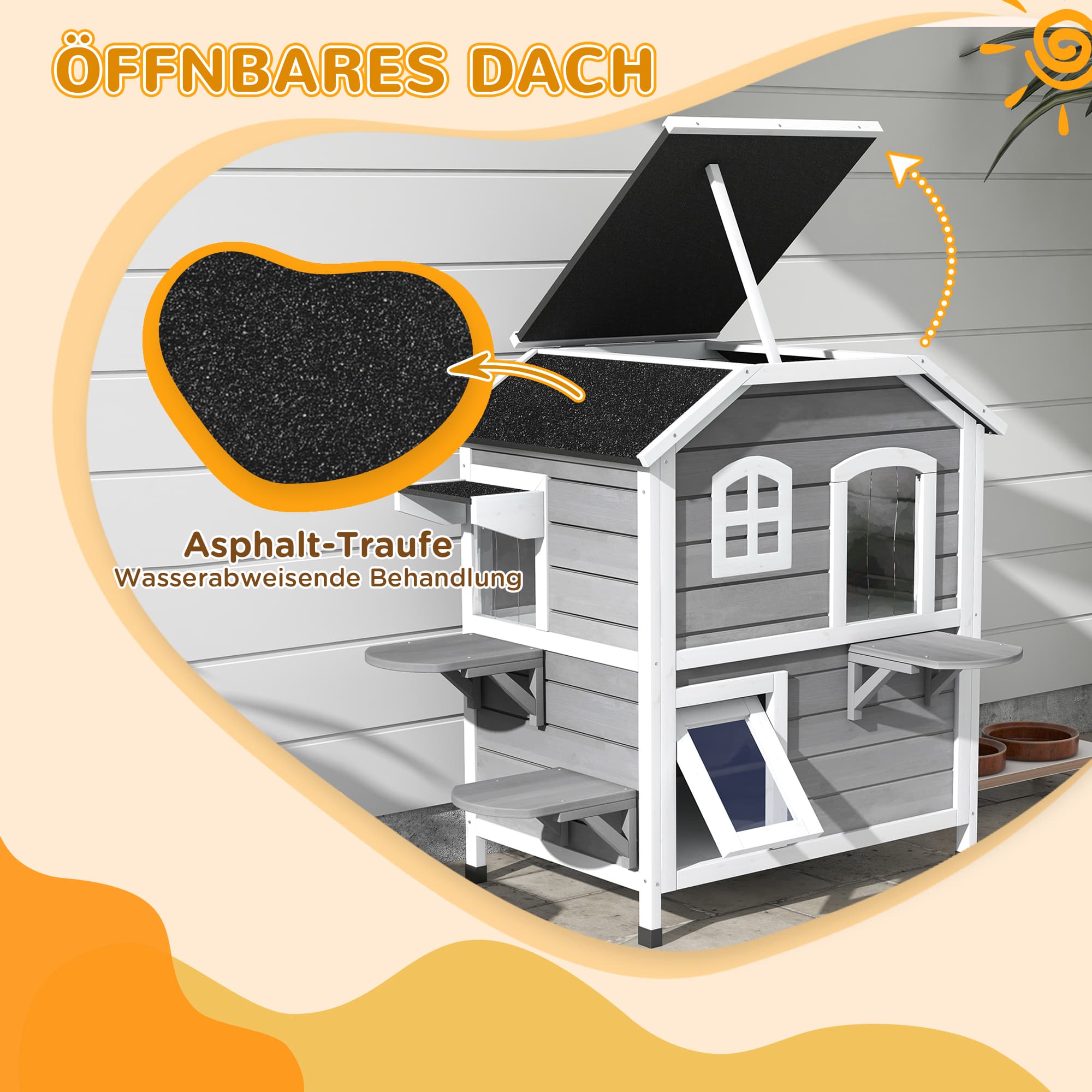 Winterfestes Katzenhaus aus Holz mit zwei Etagen