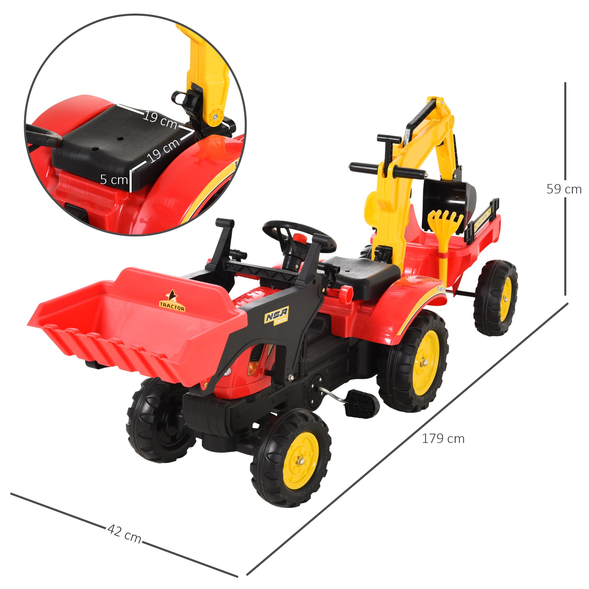 Tracteur à pédales rouge avec remorque et chargeur pour enfants
