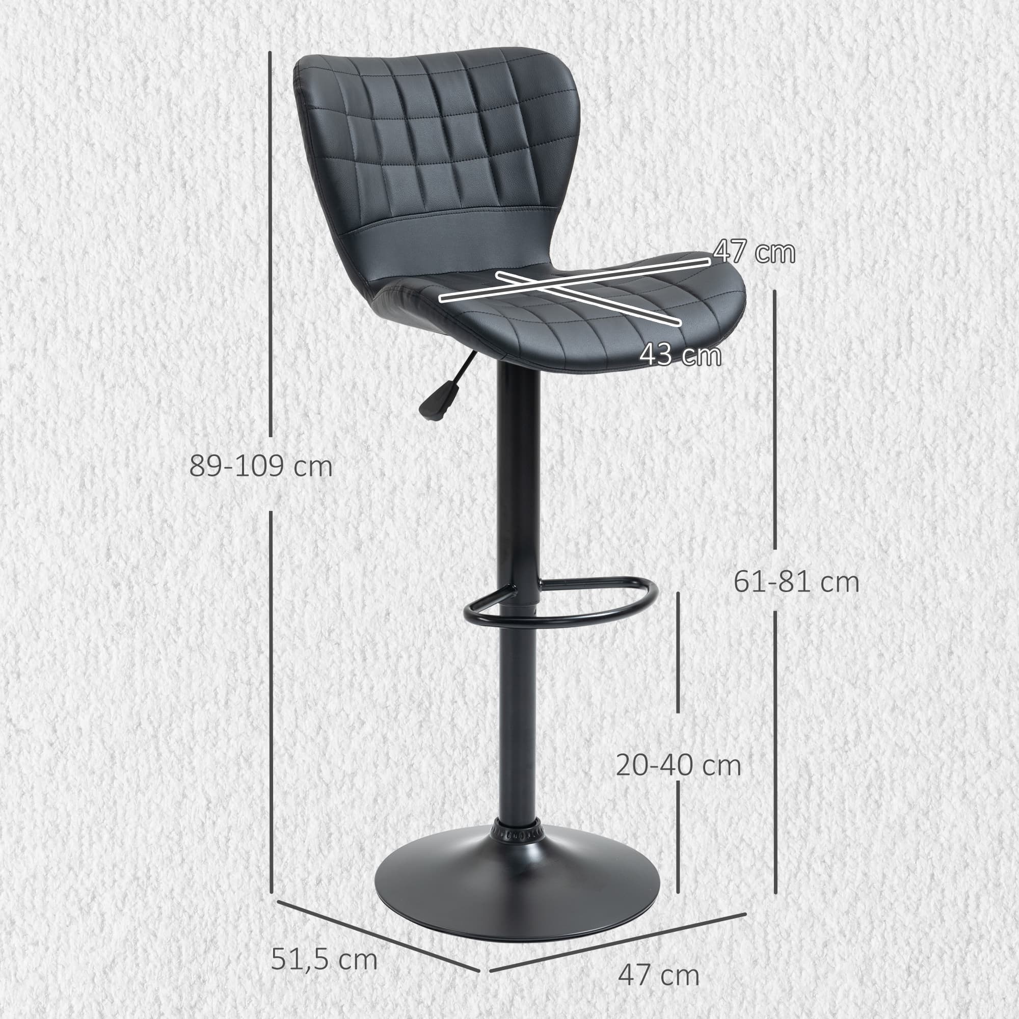 2er-Set Barhocker Retrodesign 47 x 51,5 x 89-109 cm Schwarz
