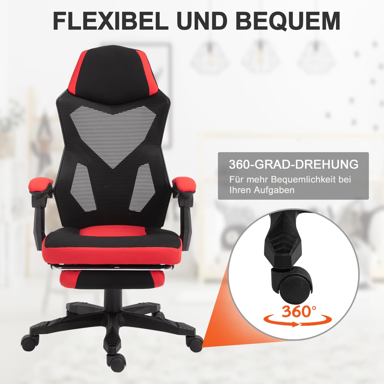 Chaise de bureau ergonomique avec repose-pieds, noir-rouge