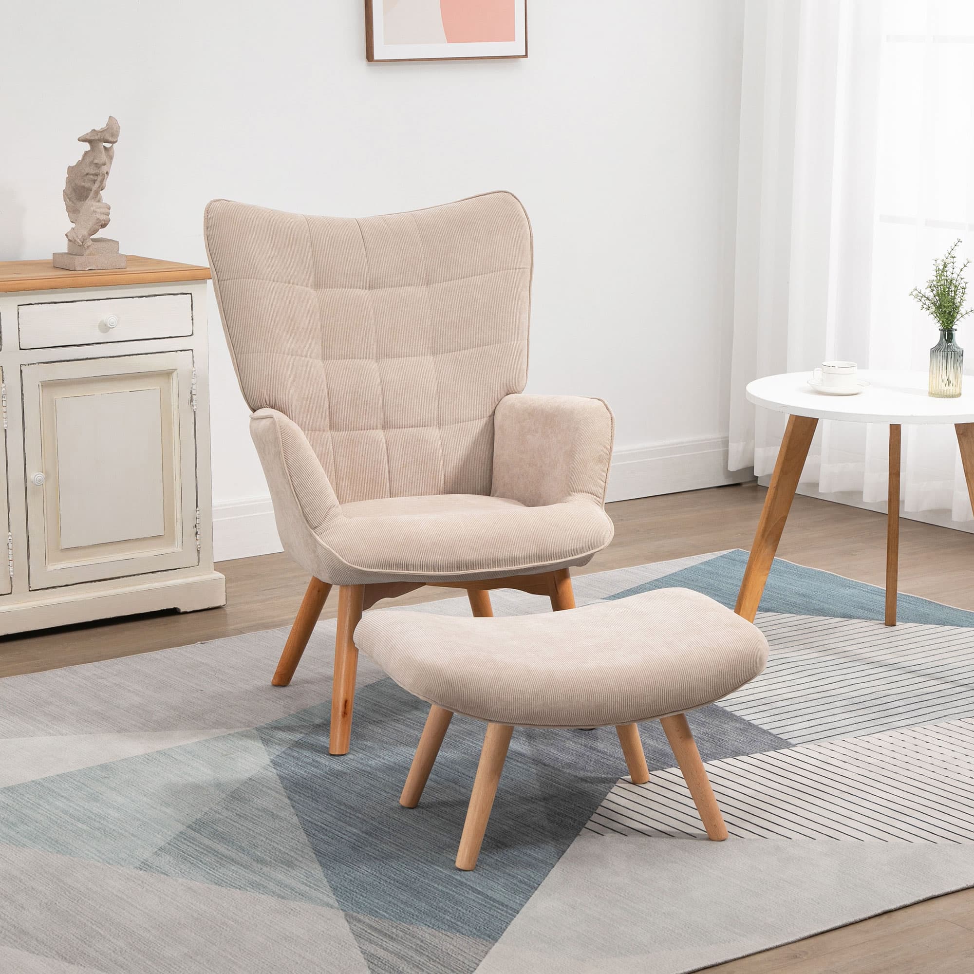 Akzentsessel mit Hocker Cord-Optik, beige