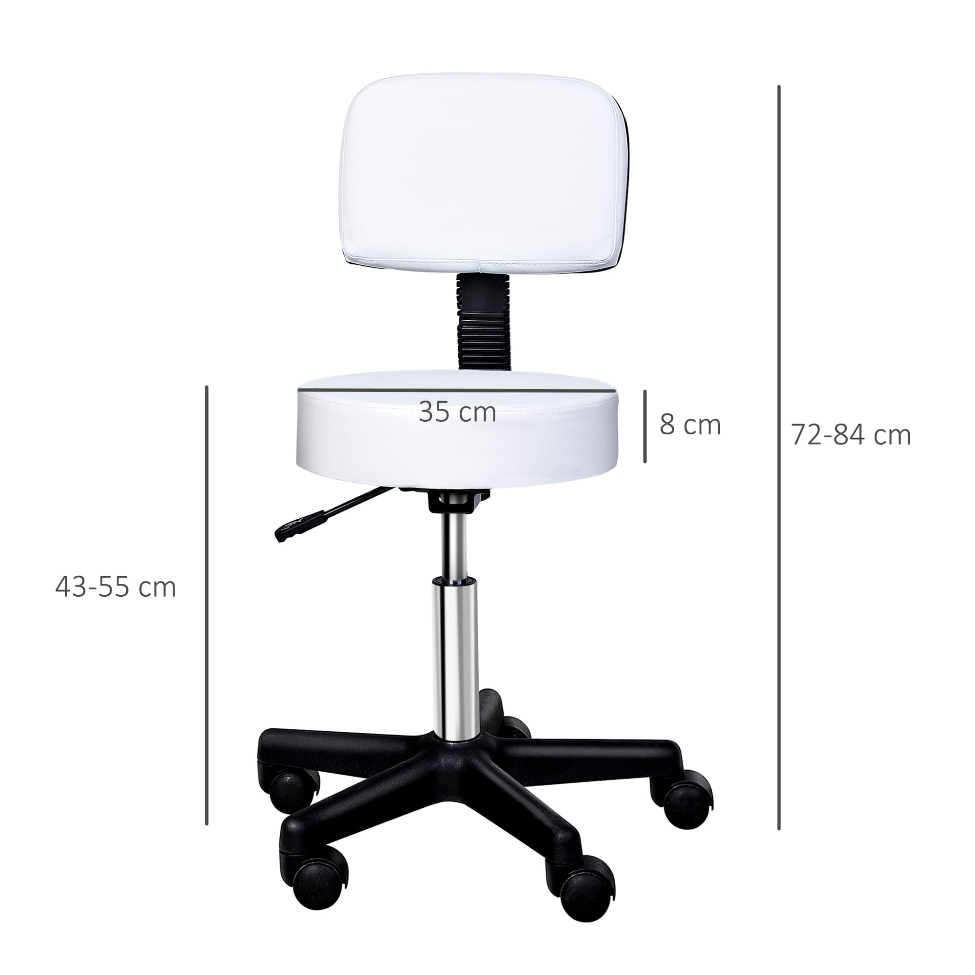 Tabouret roulant réglable avec dossier, 72-84 cm