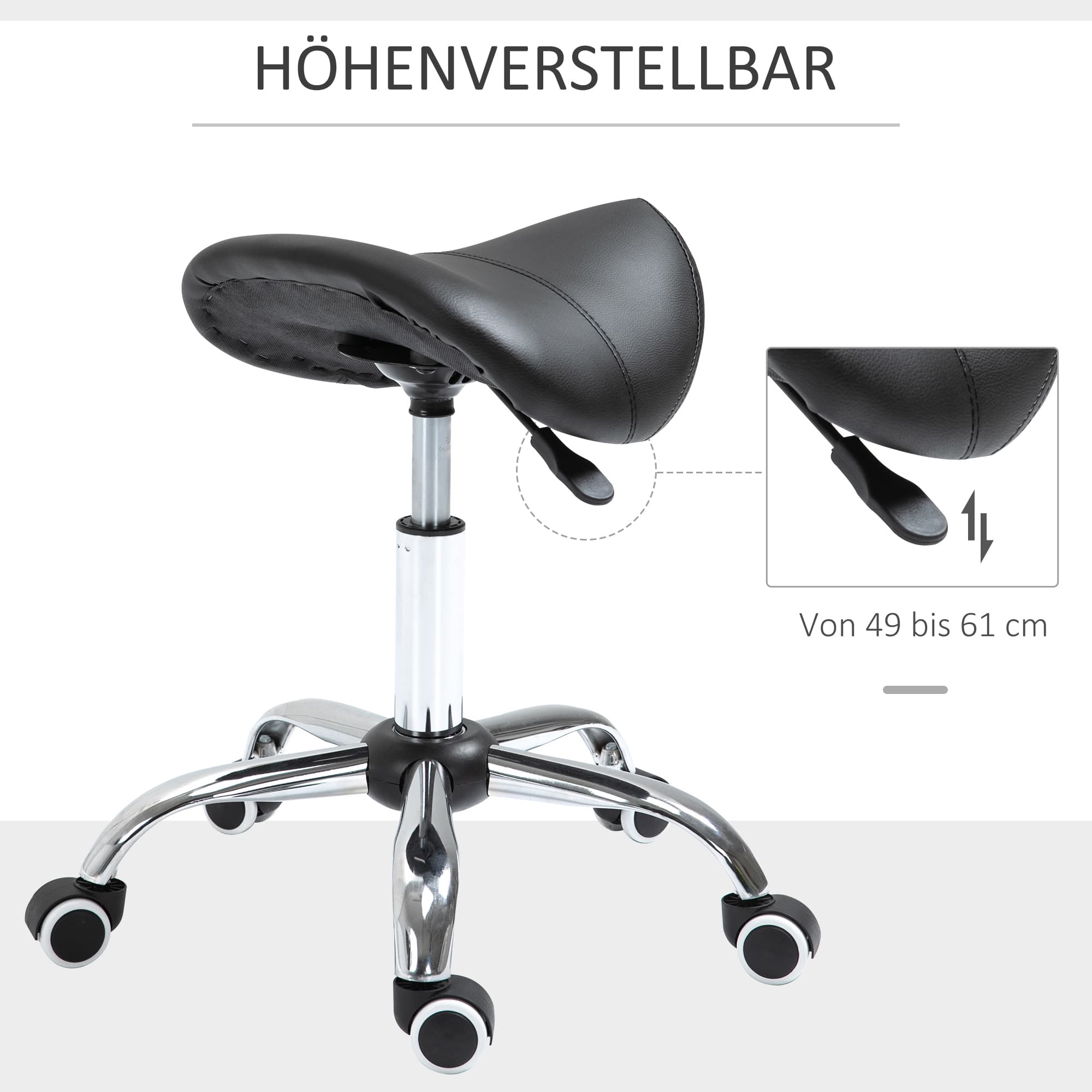 Tabouret roulant réglable en hauteur avec rotation, noir