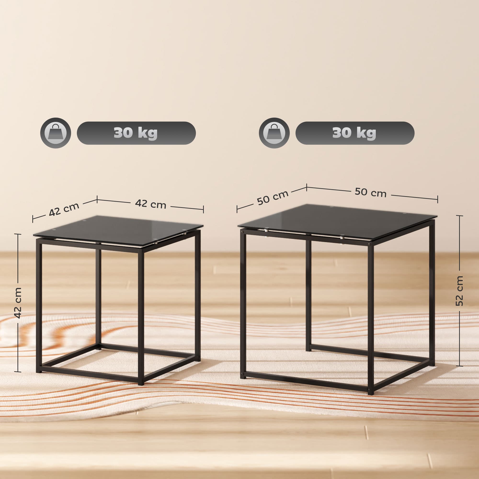2er-Set Beistelltische, modernes Design, stapelbar, Glas, Schwarz