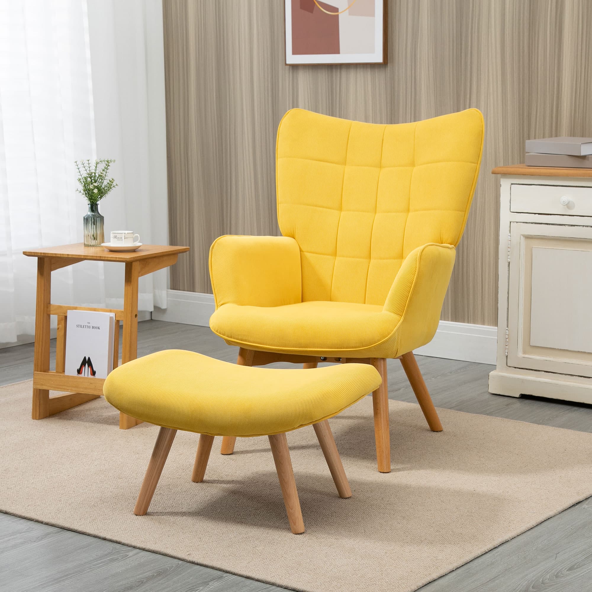 Akzentsessel mit Hocker Cord-Optik, gelb
