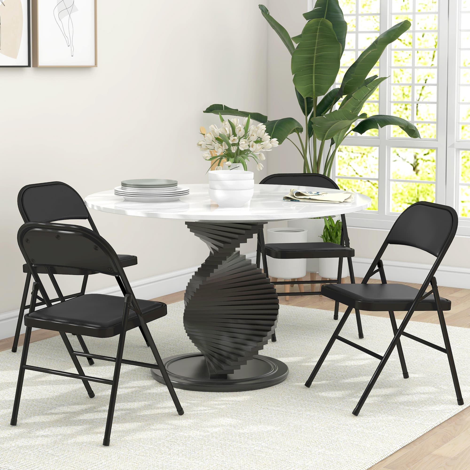 Lot de 4 chaises pliantes, pieds métalliques, similicuir, noir