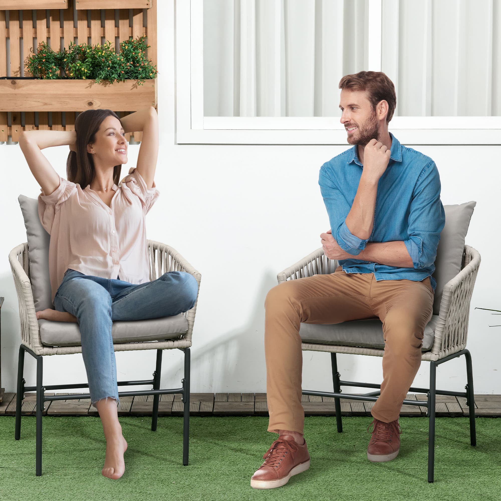 Conjunto de 2 sillas de terraza, estilo bohemio, beige, marco metálico