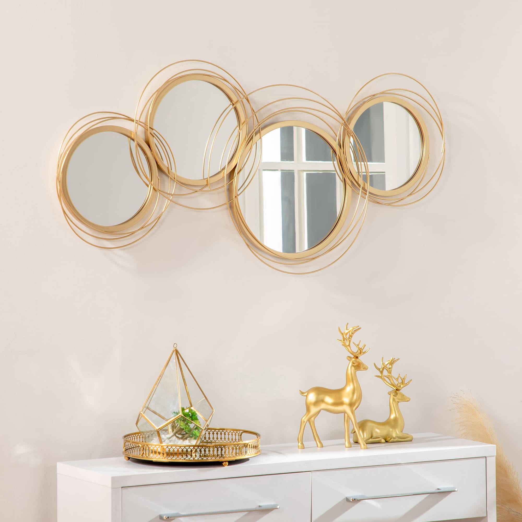 Wandspiegel-Set mit 4 runden Spiegeln, 107 x 4 x 56 cm