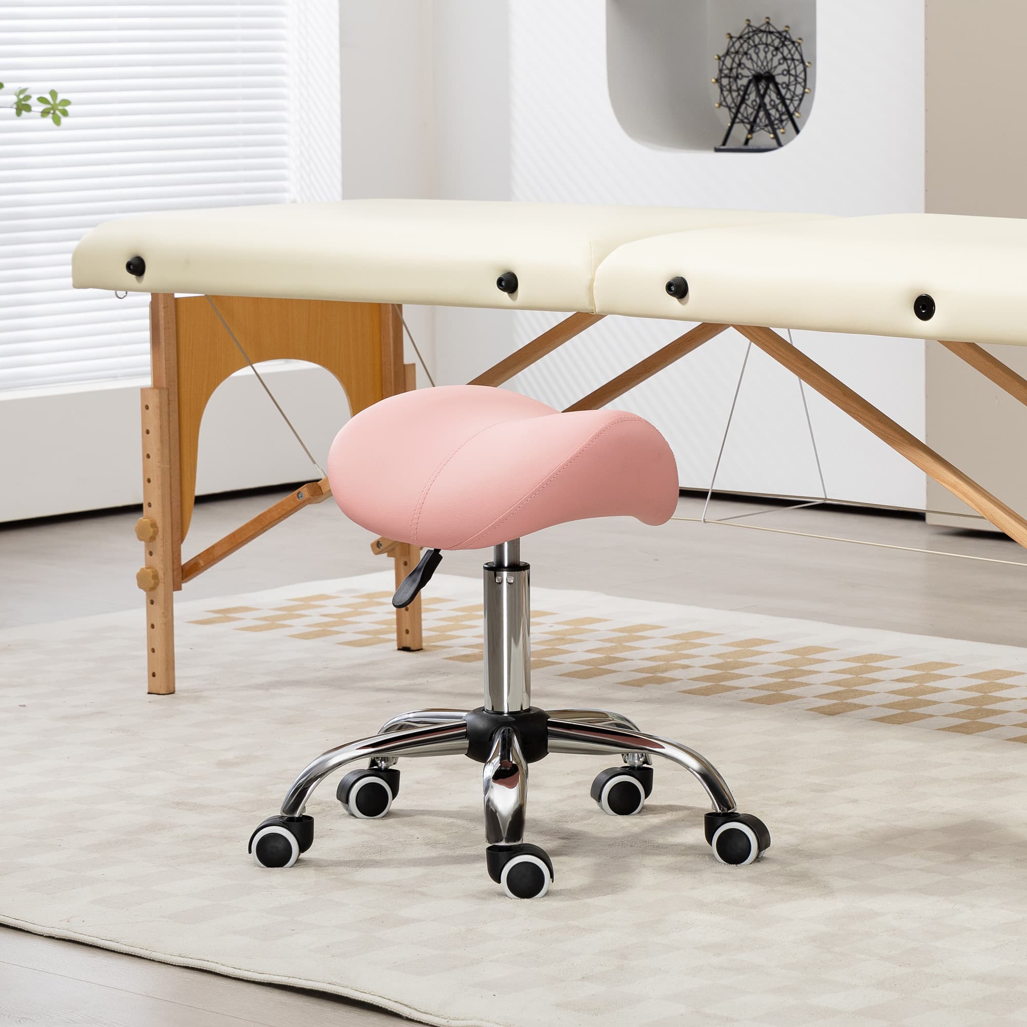 Tabouret roulant réglable 360° rotatif, rose