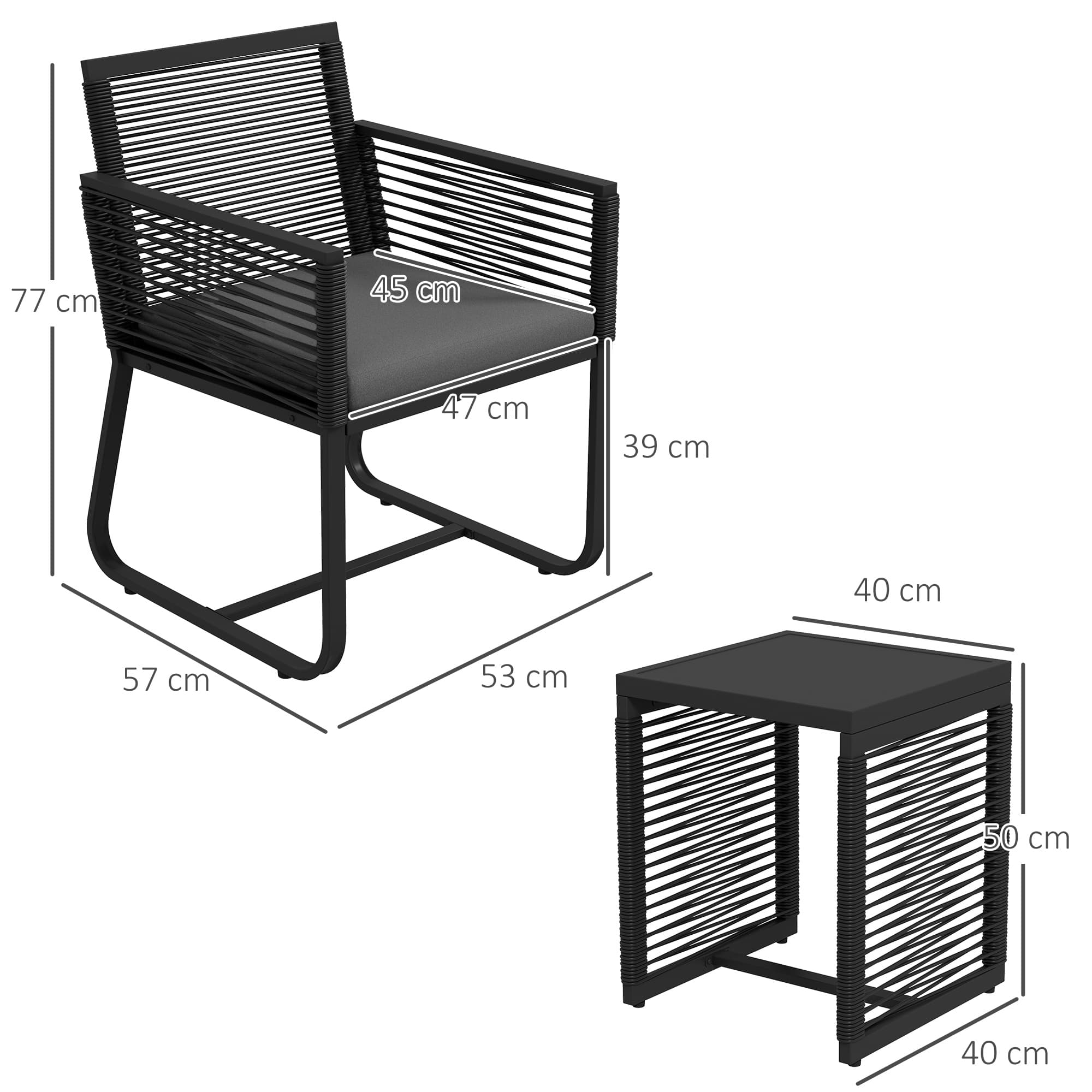 Set bistrot 3 pezzi per balcone e terrazza, nero e grigio