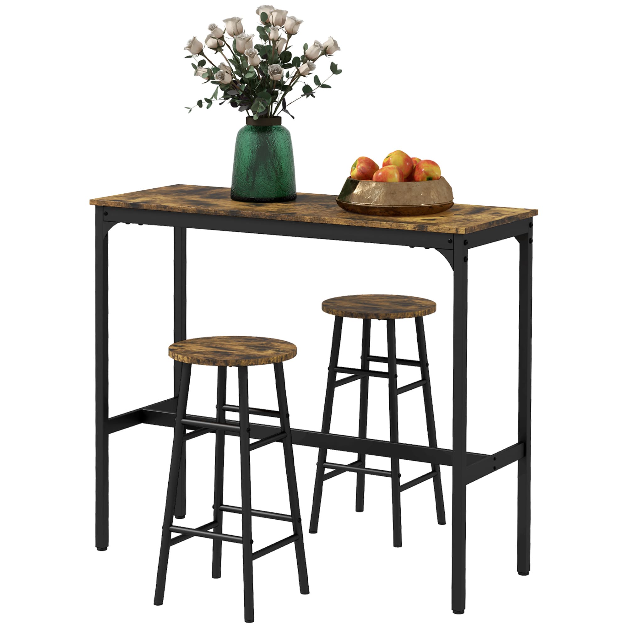 Bartisch-Set mit 2 Hockern, Industriedesign, 3-teilig, Braun-Schwarz