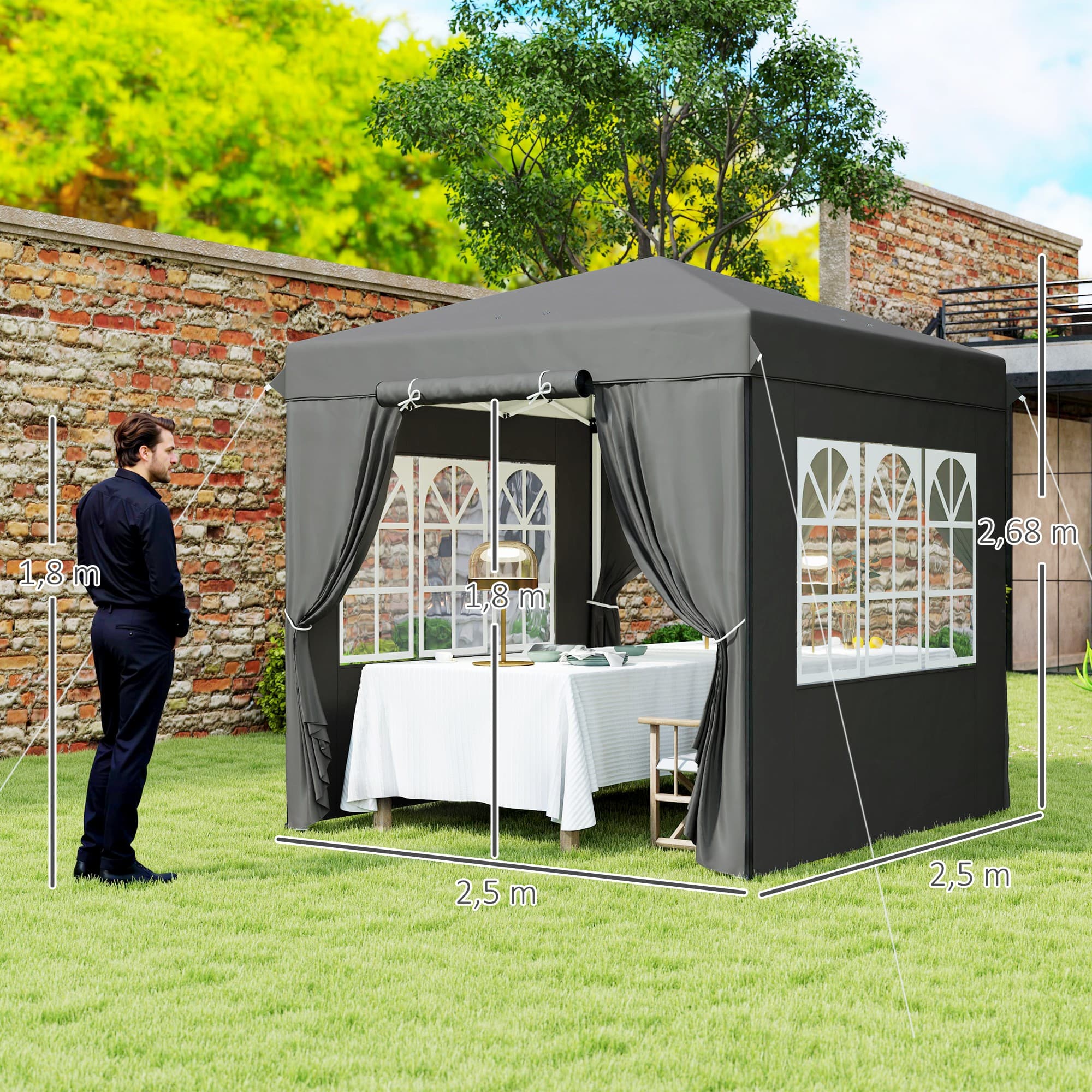 2,5 X 2,5 M Padiglione Pop-up con pareti laterali e borsa da trasporto, UPF50+ Tenda da giardino regolabile in altezza, Grigio scuro