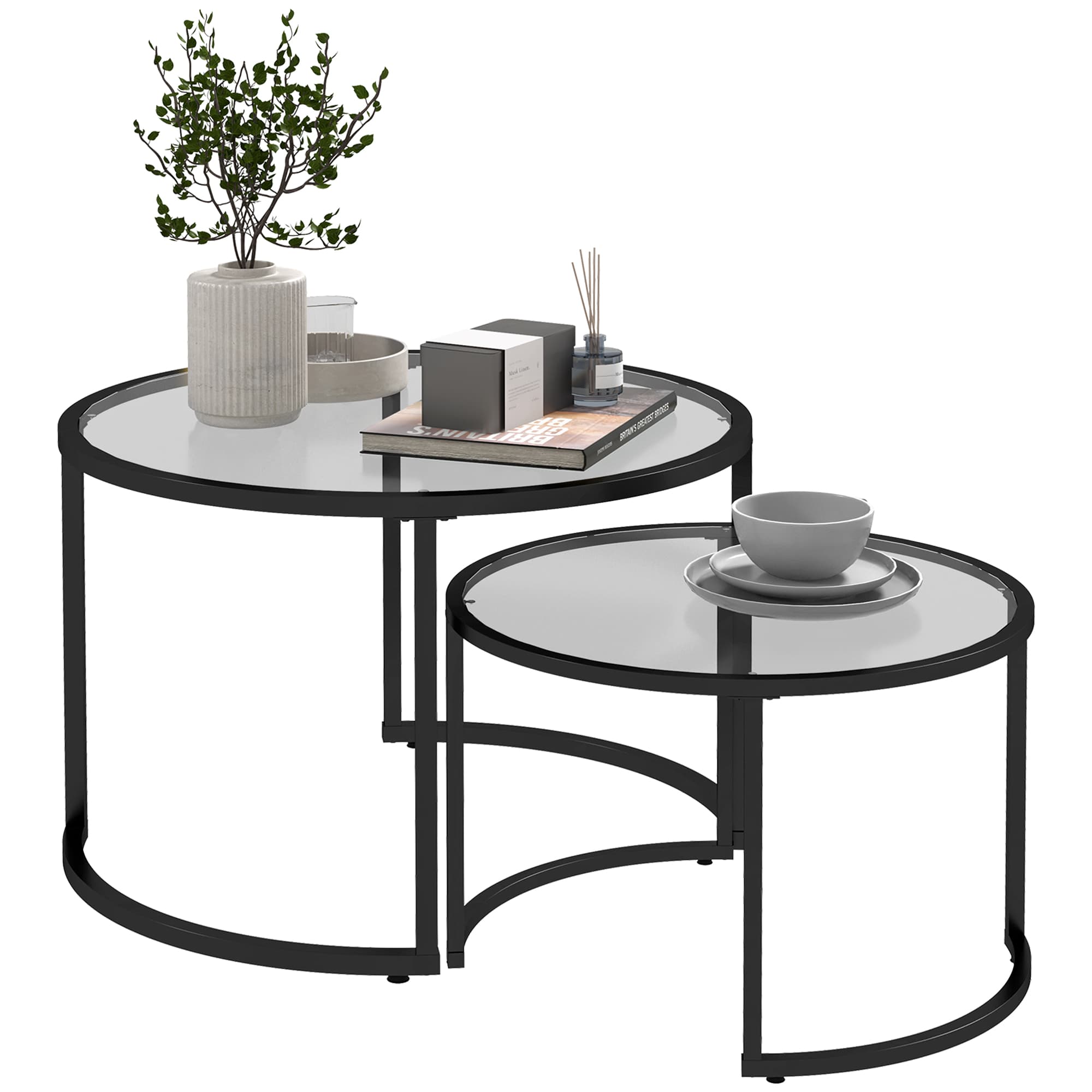 2er-Set Beistelltische, stapelbar, Glas, Schwarz