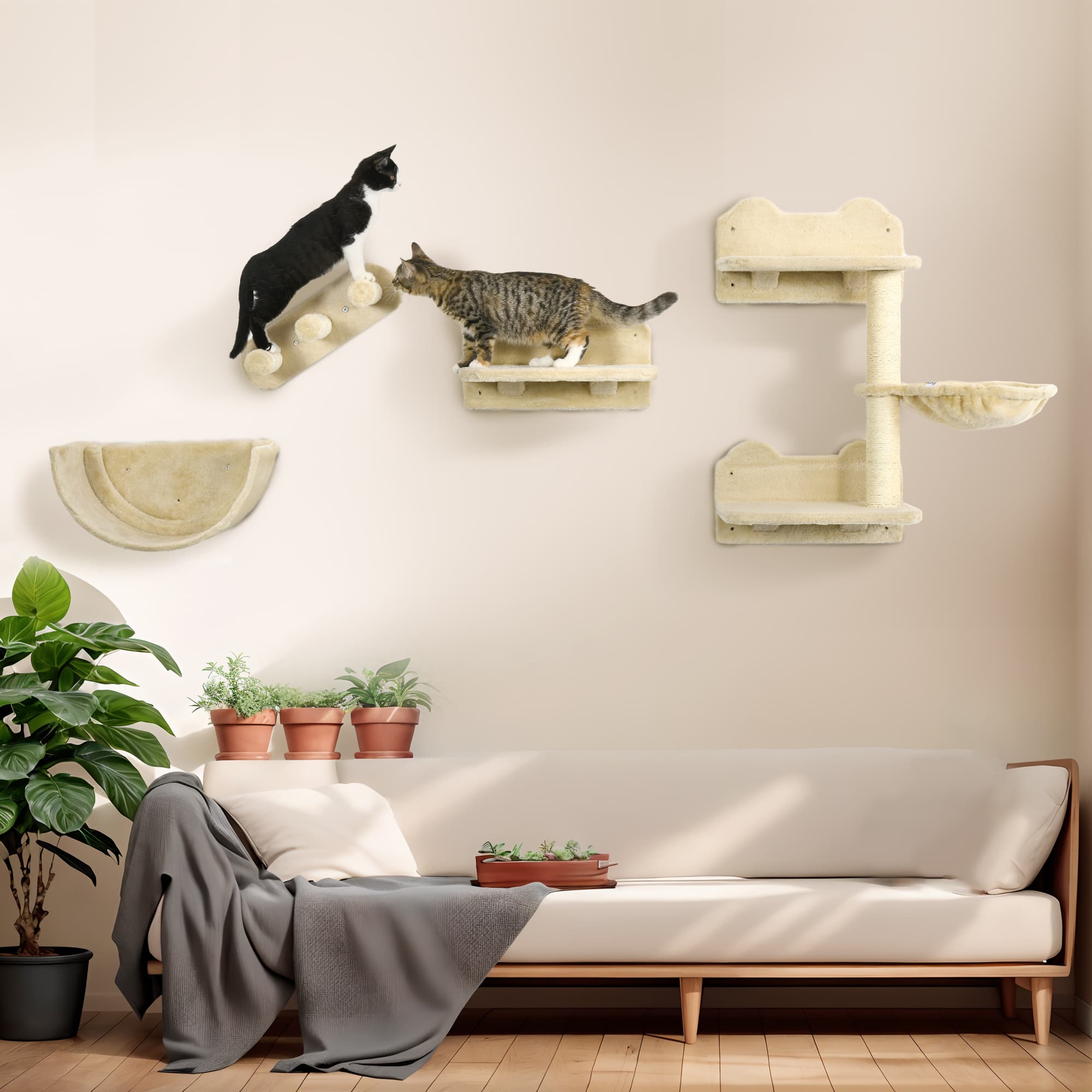 Kletterwand-Set für Katzen, 4-teilig, mit Treppe, Hängematte, Plattform