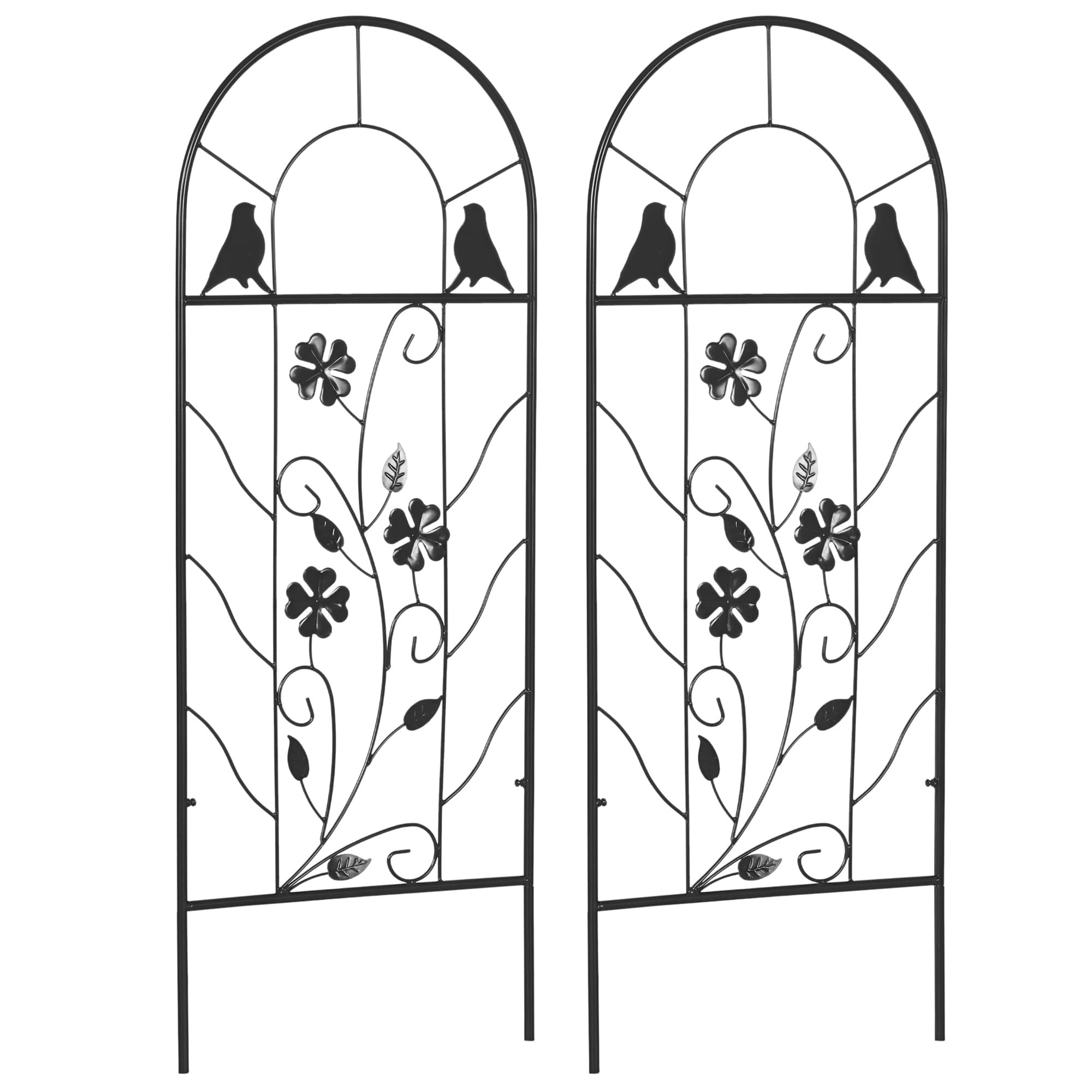 2er-Set Metallspalier, Vogel- und Kleeverzierung, Schwarz, 38 x 98 cm