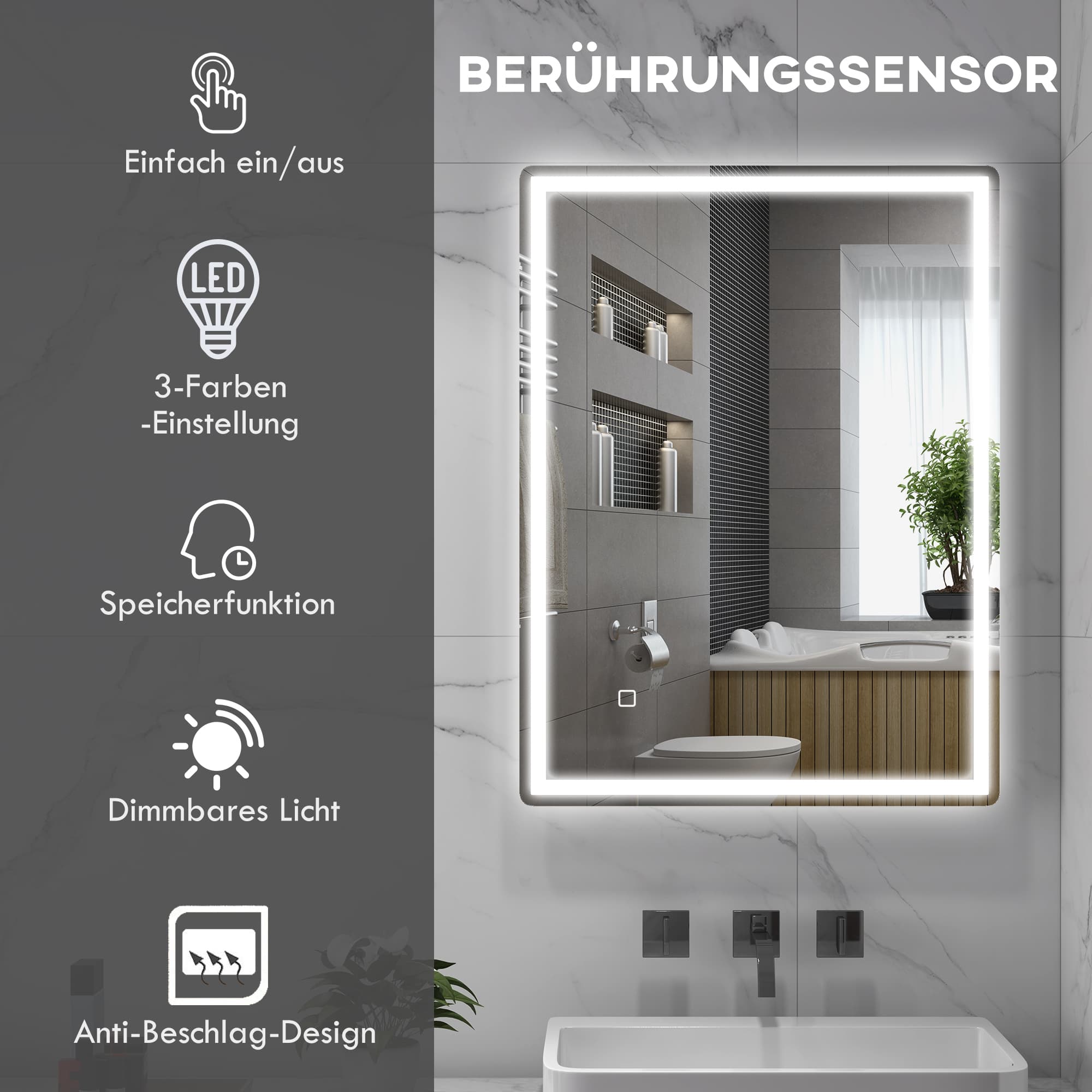 Espejo de baño LED 60 x 80 x 4 cm, Blanco, con función antivaho