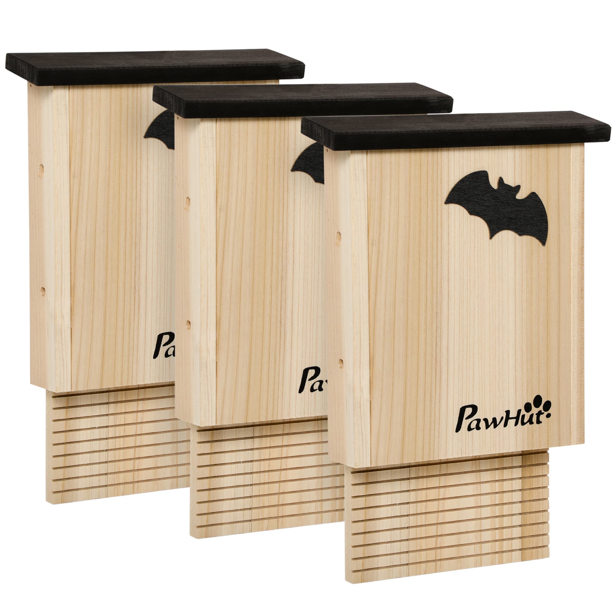 3er-Set Fledermaushaus aus Tannenholz, Natur + Schwarz