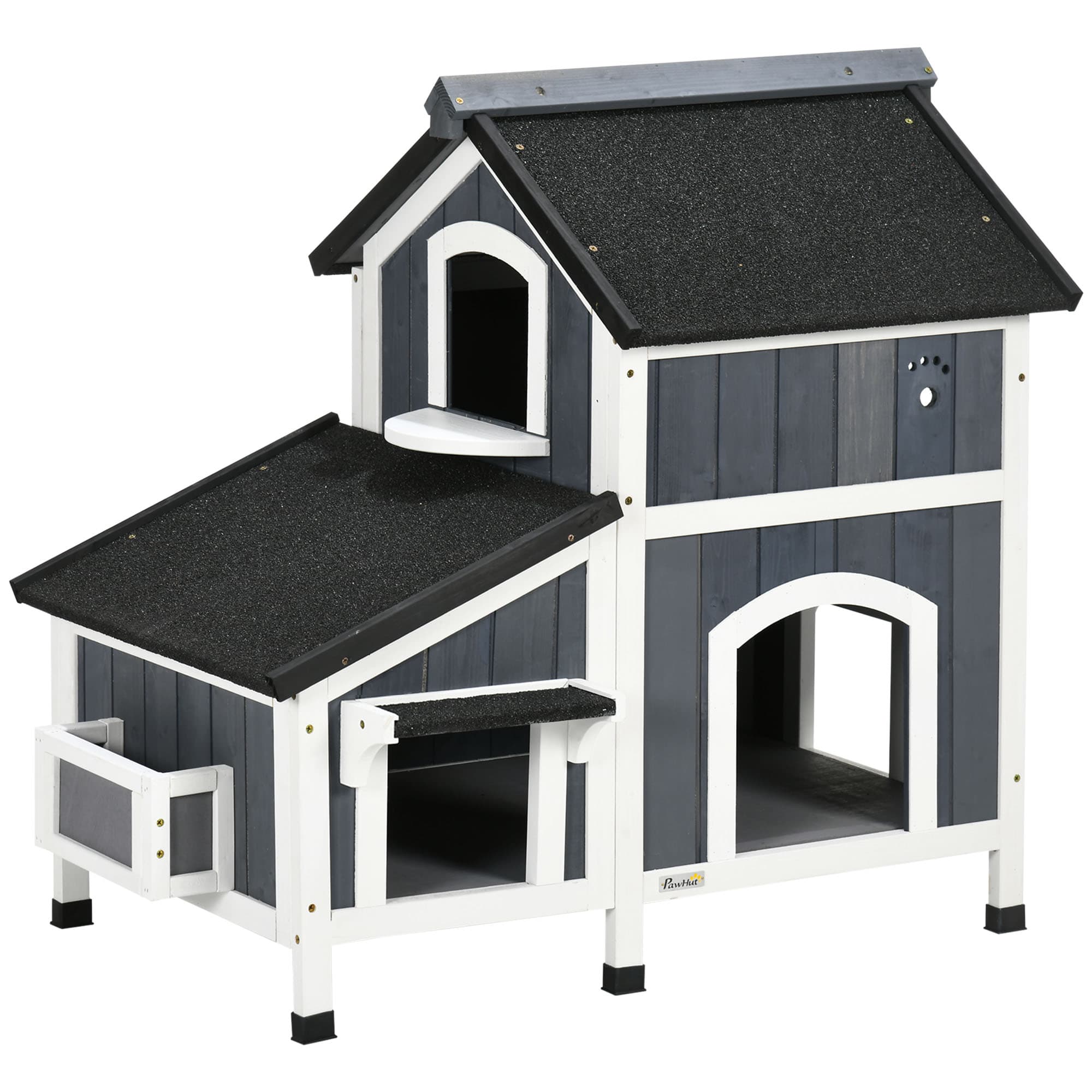Zweistöckiges Outdoor-Katzenhaus aus Naturholz mit Asphaltdach