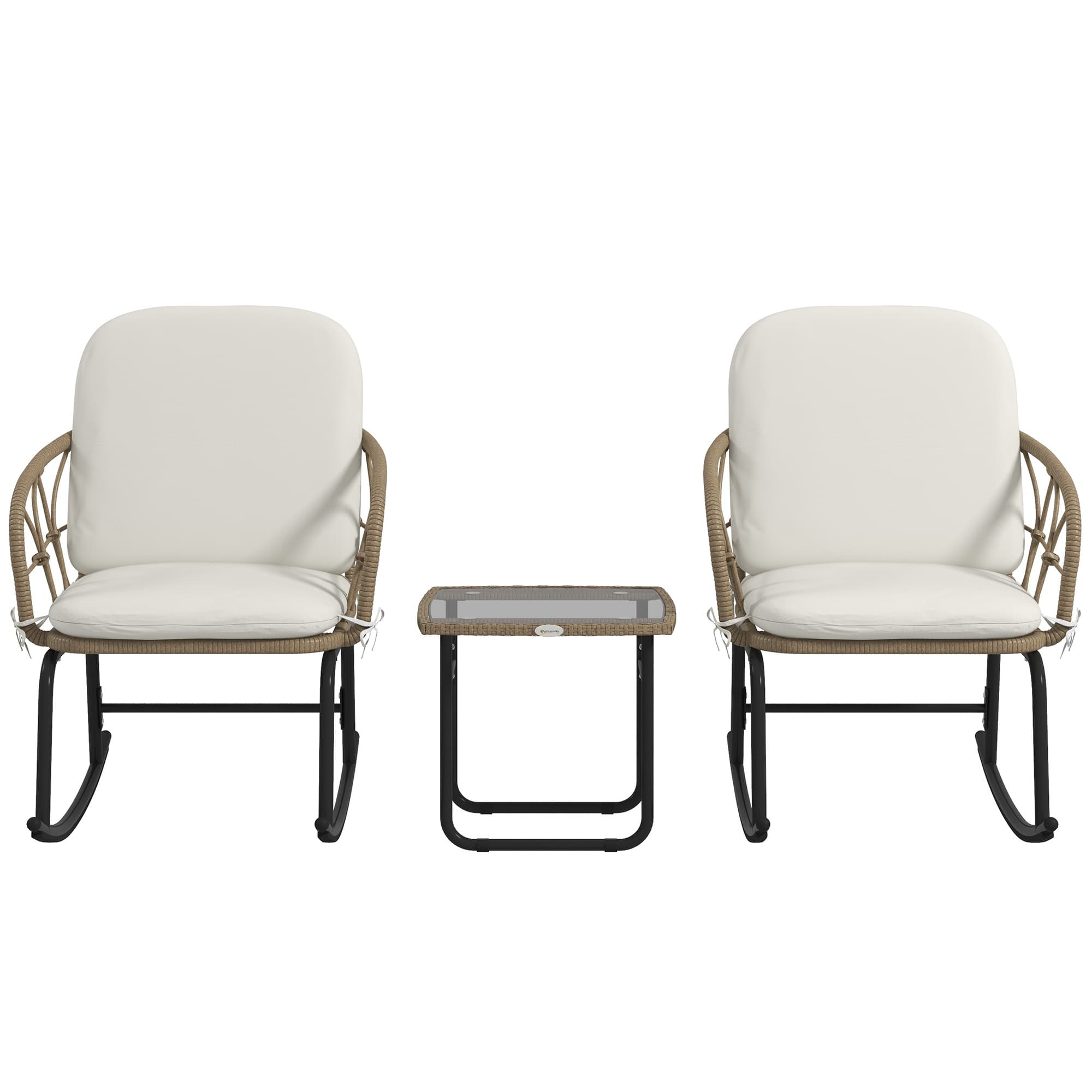 Schaukelstuhlset mit 2 Schaukelstühlen und Beistelltisch, PE-Rattan, Creme