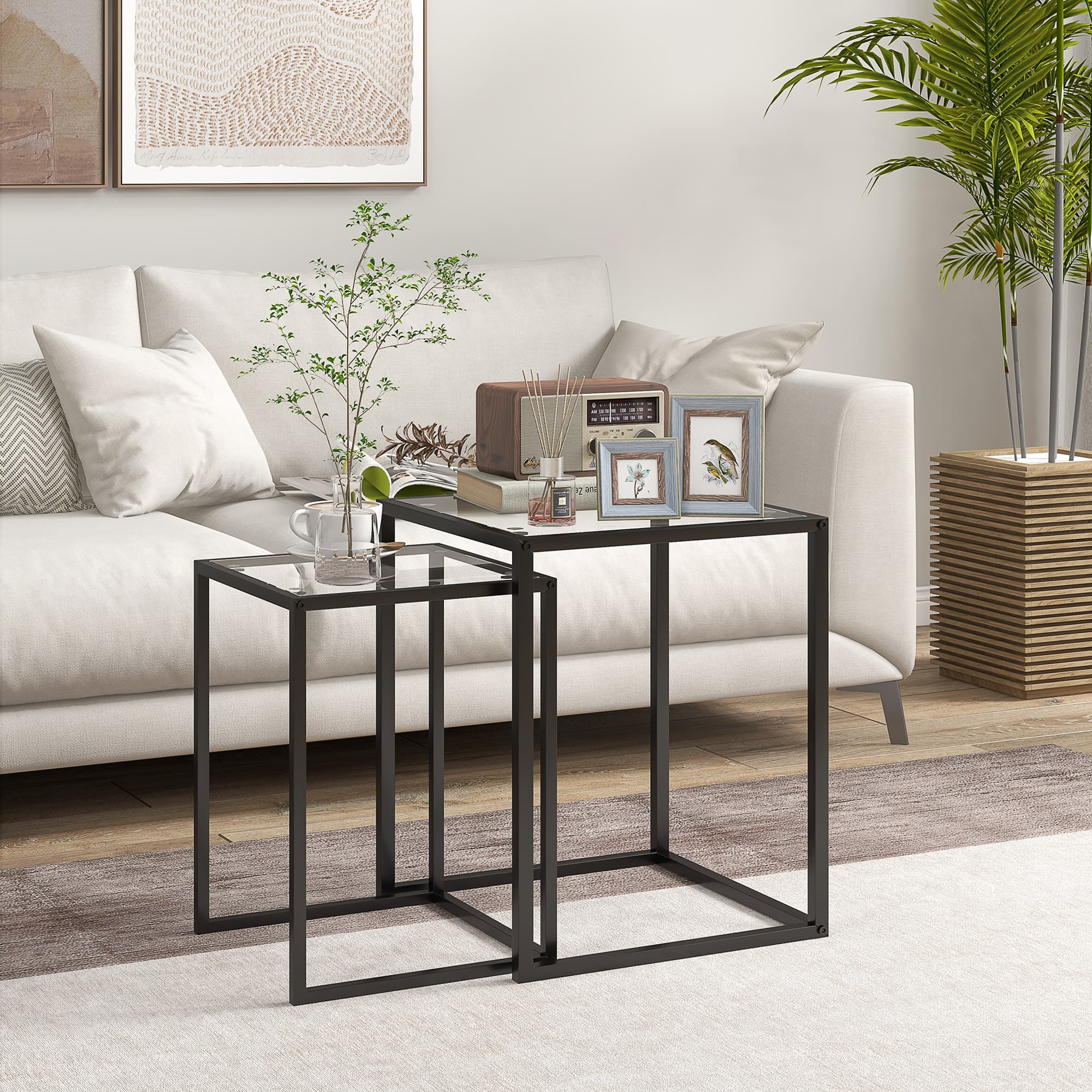2er Set Beistelltische stapelbar, schwarz, Stahl und Glas