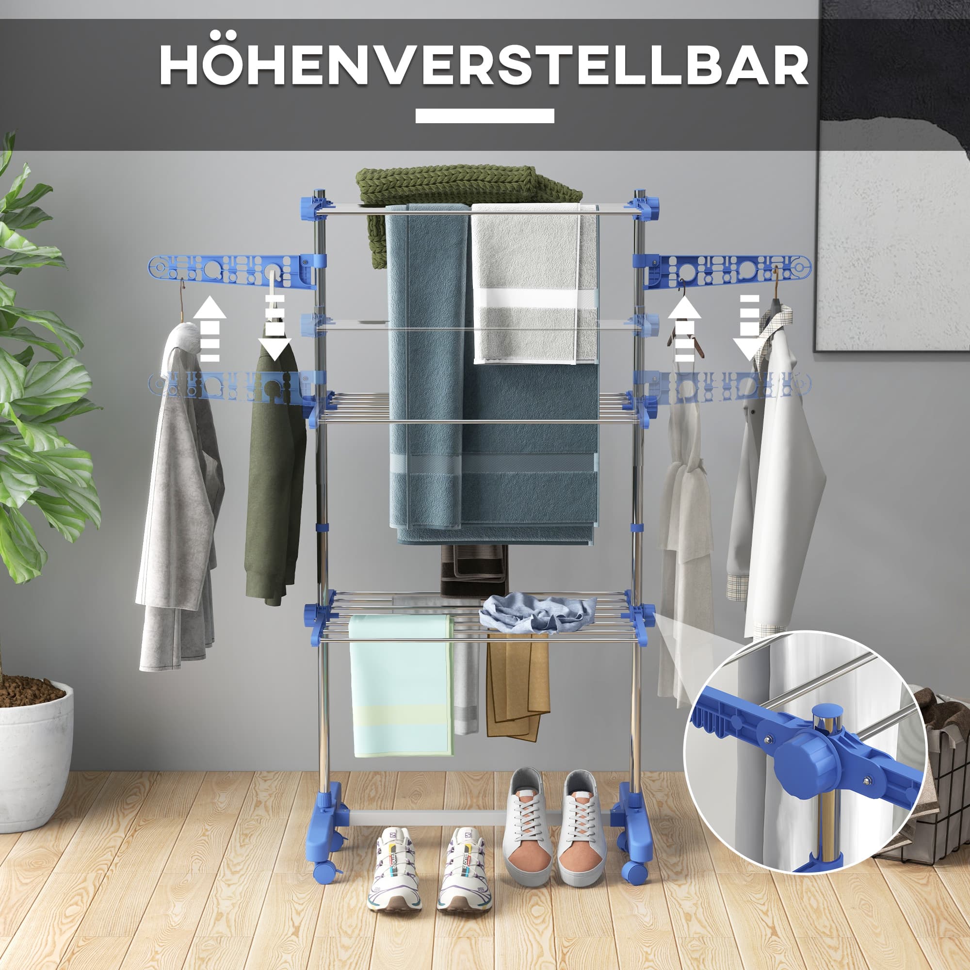 Clothes Drying Rack, 4 Levels, Foldable, 142 x 55 x 152 cm, Blue