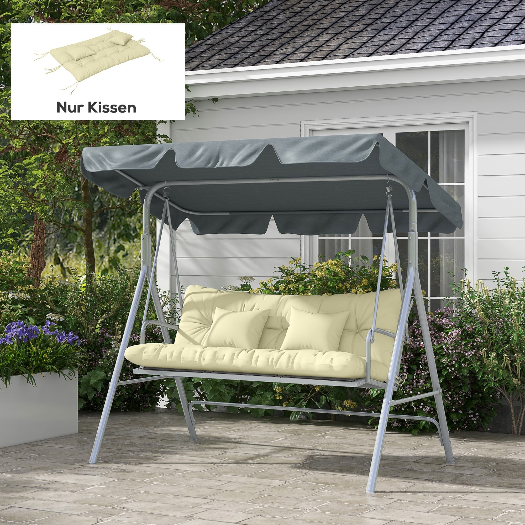 4er-Set Sitzkissen 150x50 cm wasserabweisend mit Bindebändern cremeweiß
