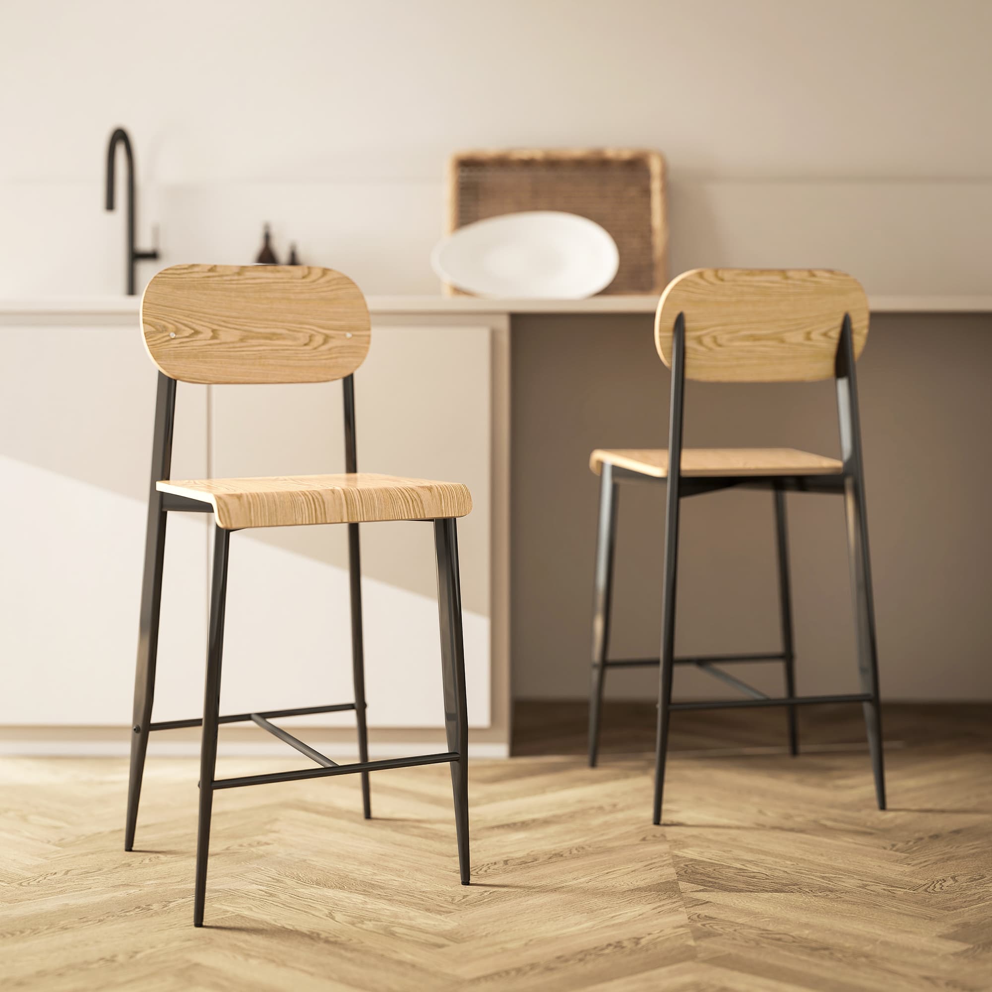 2er-Set Barhocker mit Rückenlehne und Metallgestell, Holz, hellbraun