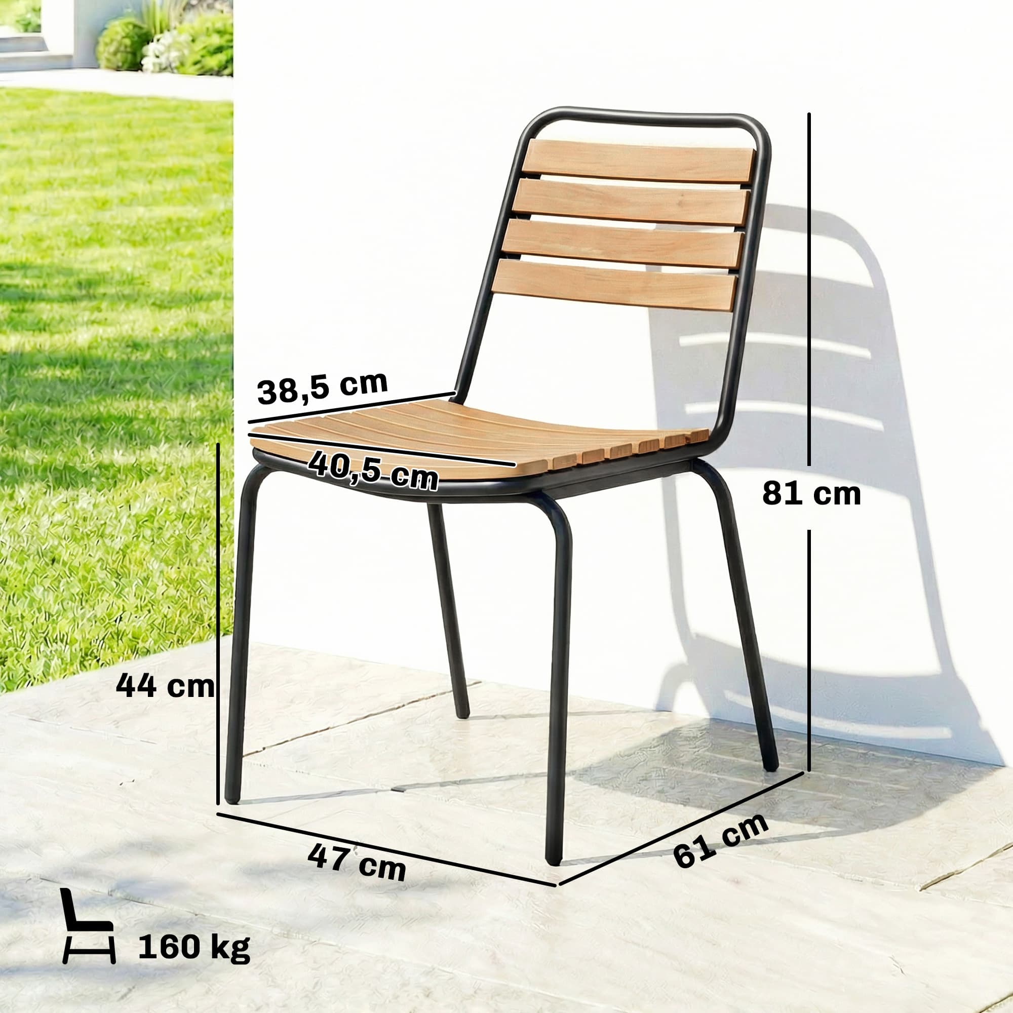 Gartenstuhl 2er Set aus Stahl und Holz, stapelbar, bis 160 kg