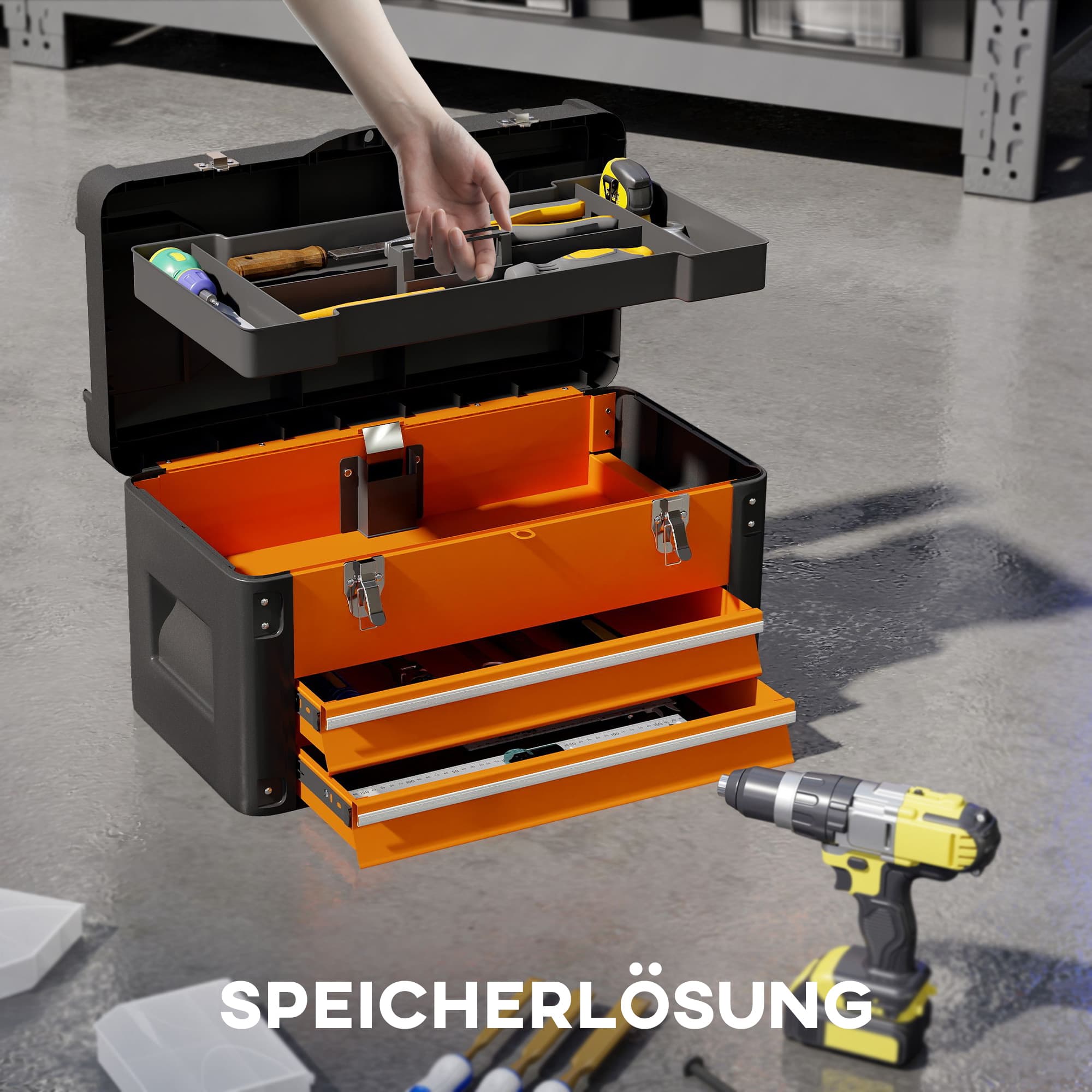Caja de herramientas vacía, 49,7 x 25,3 x 28,9 cm, con cajón, naranja