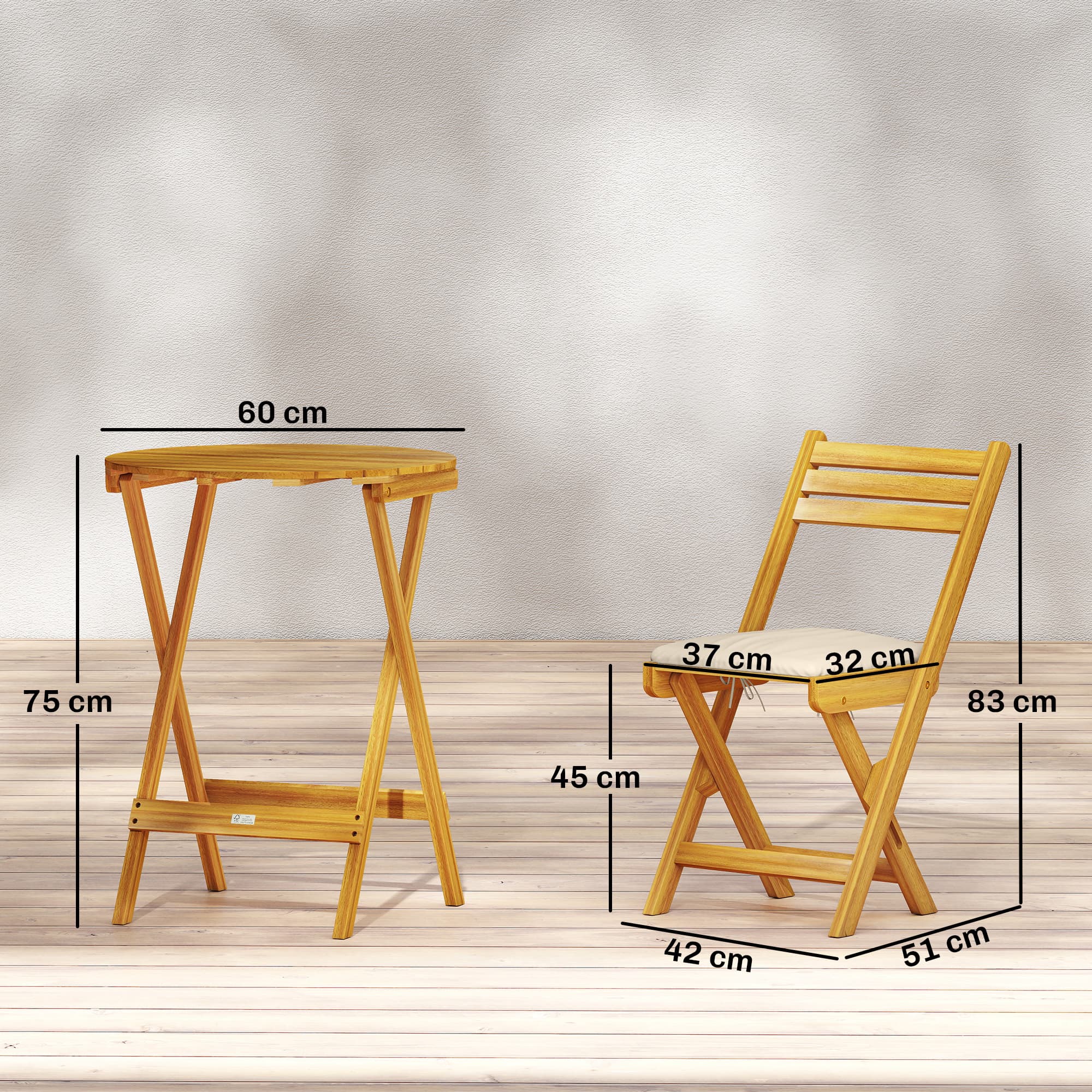 Set da balcone 3 pezzi, legno di acacia FSC, pieghevole