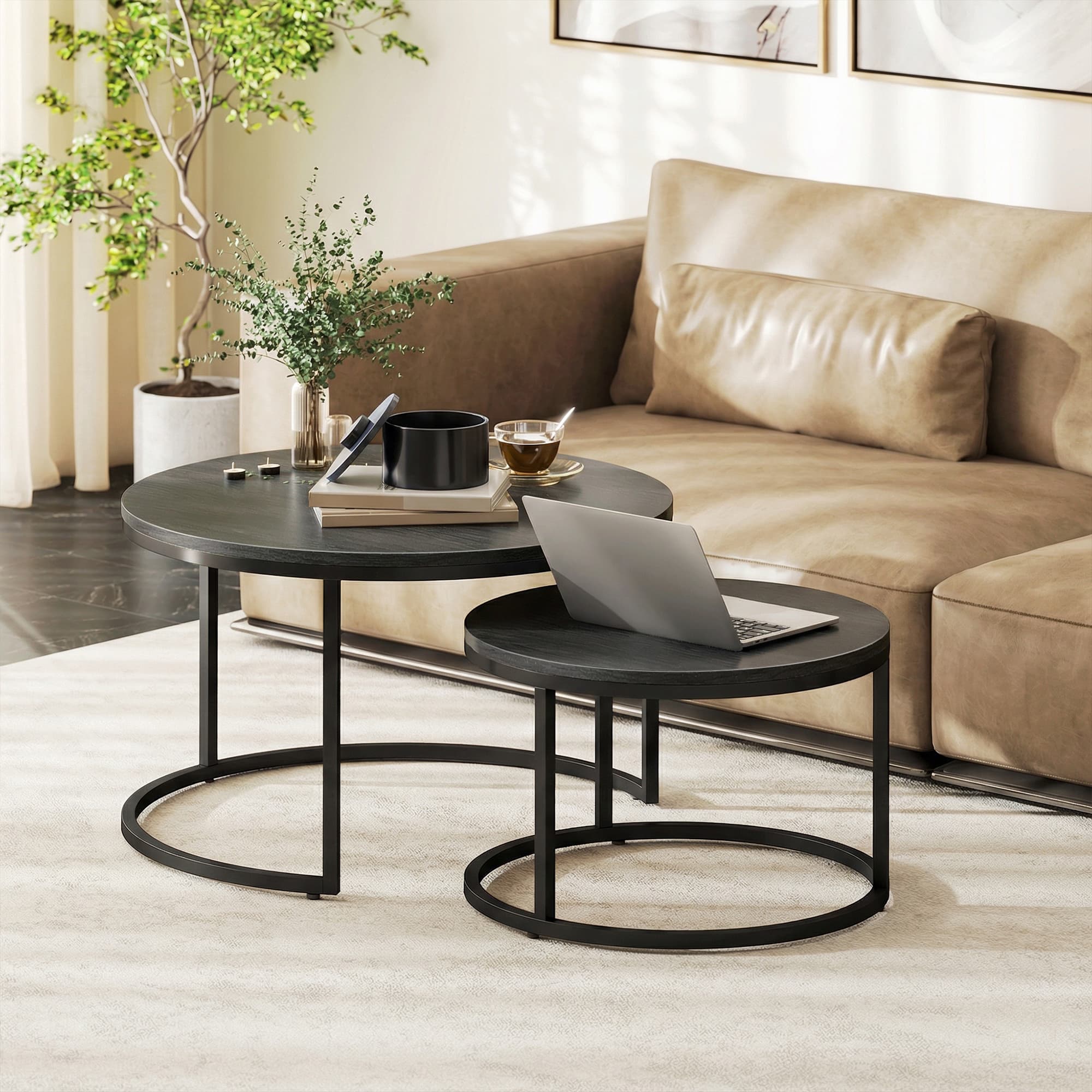 Modernes Kaffeetisch 2er-Set, stapelbar, Metallgestell, schwarz
