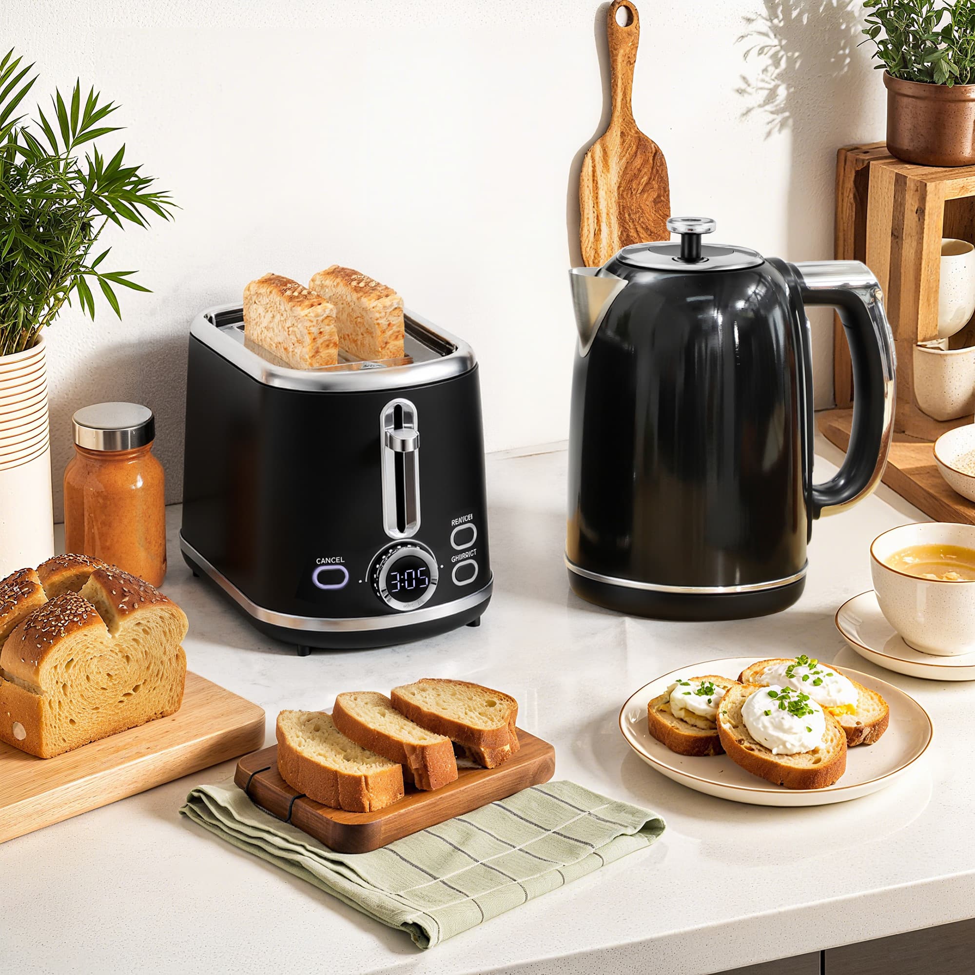 Kettle and Toaster Set Black Retro Design