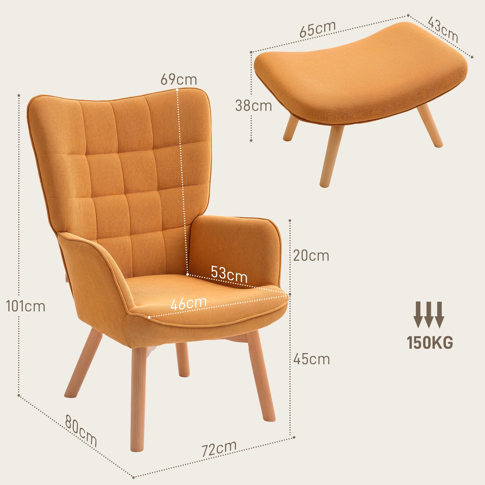 Akzentsessel mit Hocker in Cord-Optik, braun