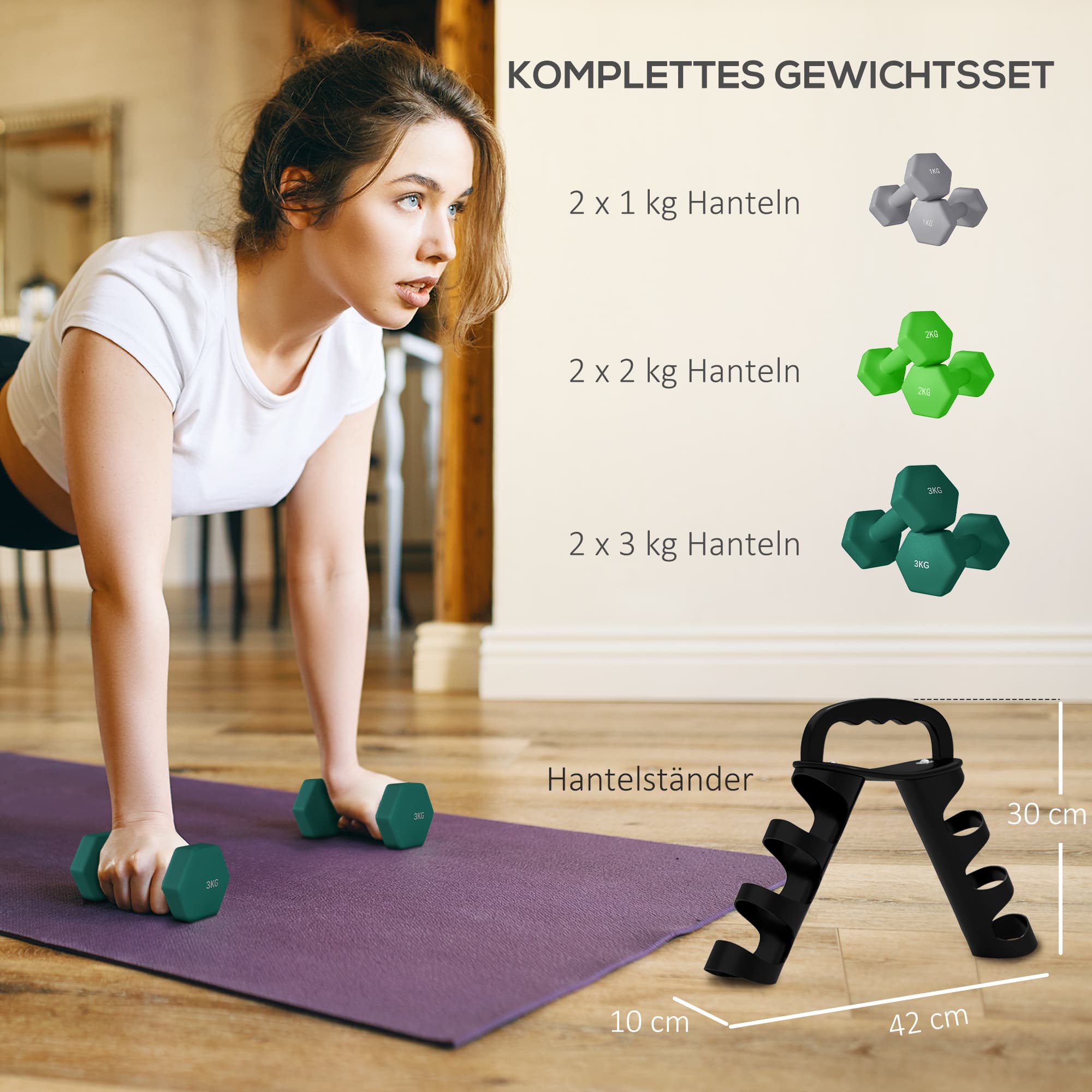 Hantelset mit Aufbewahrungsgestell, 6 Kurzhanteln, 1/2/3 kg