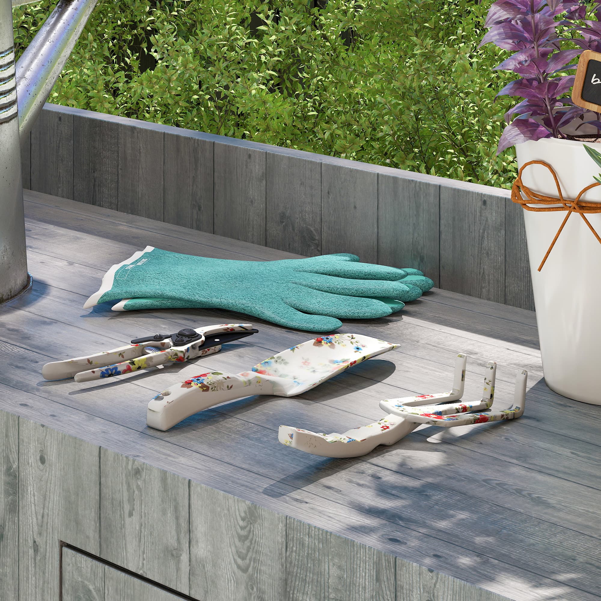 Gartenwerkzeug Set 3 Stück aus Metall mit Blumendruck