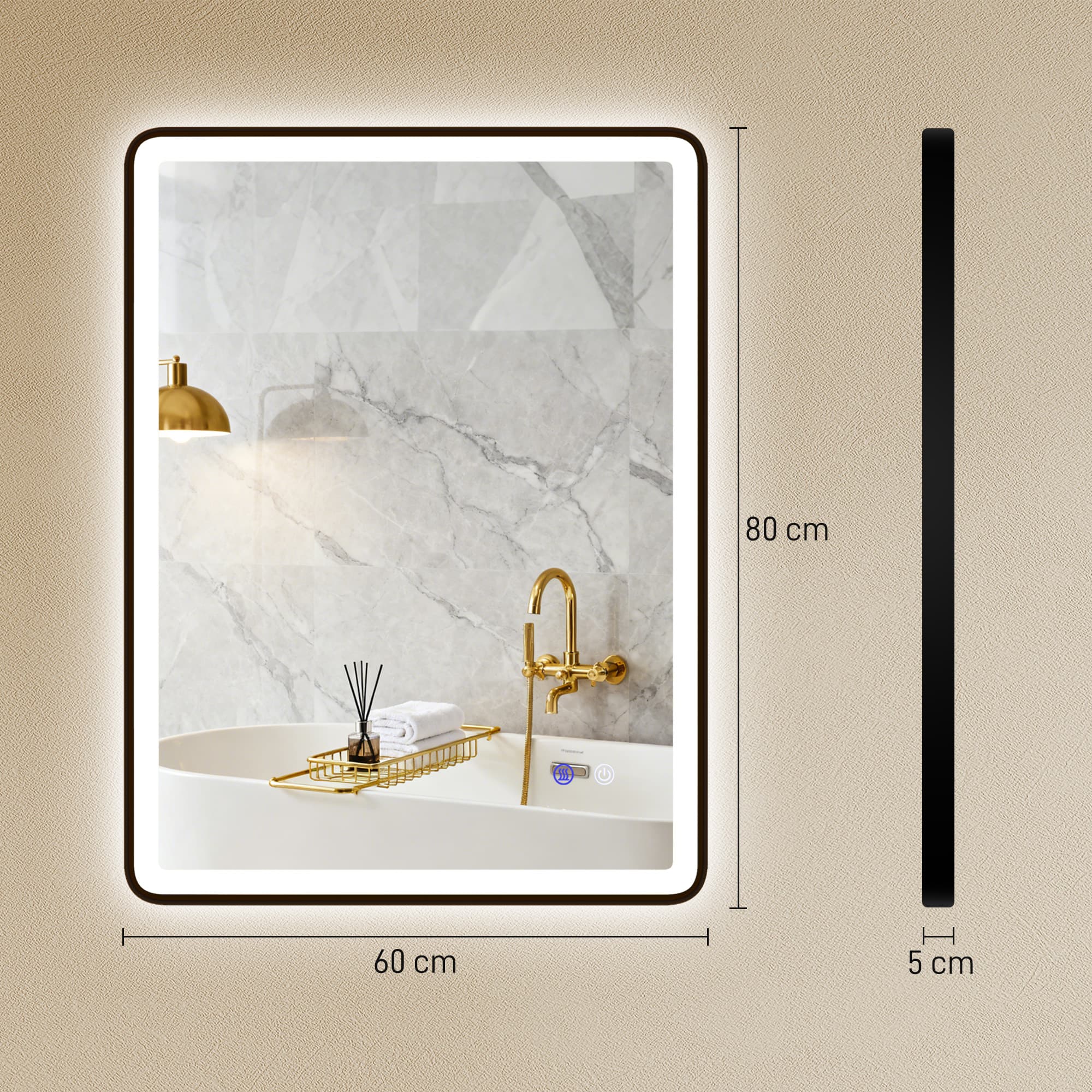 Espejo de baño LED antivaho, espejo de maquillaje regulable con iluminación 80 x 60 cm marco negro