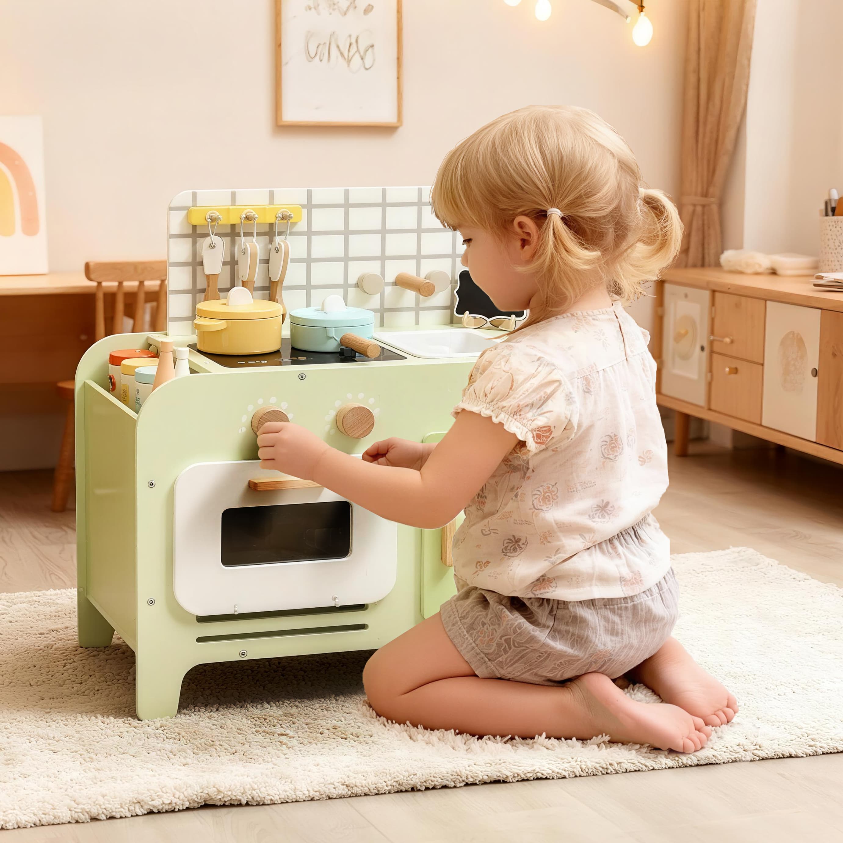 Set cuisine enfant en MDF avec accessoires, vert