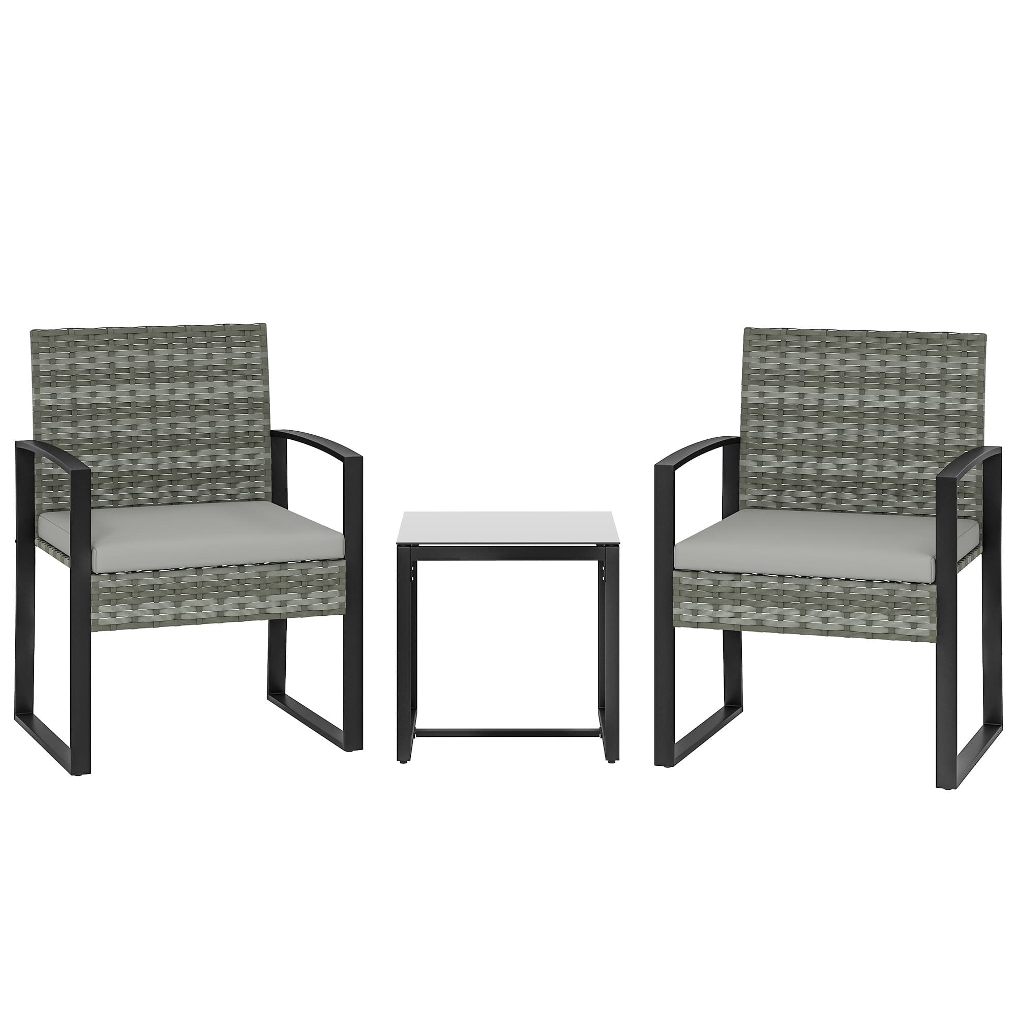 Rattan Bistroset 3-teilig mit 2 Stühlen und Tisch, hellgrau